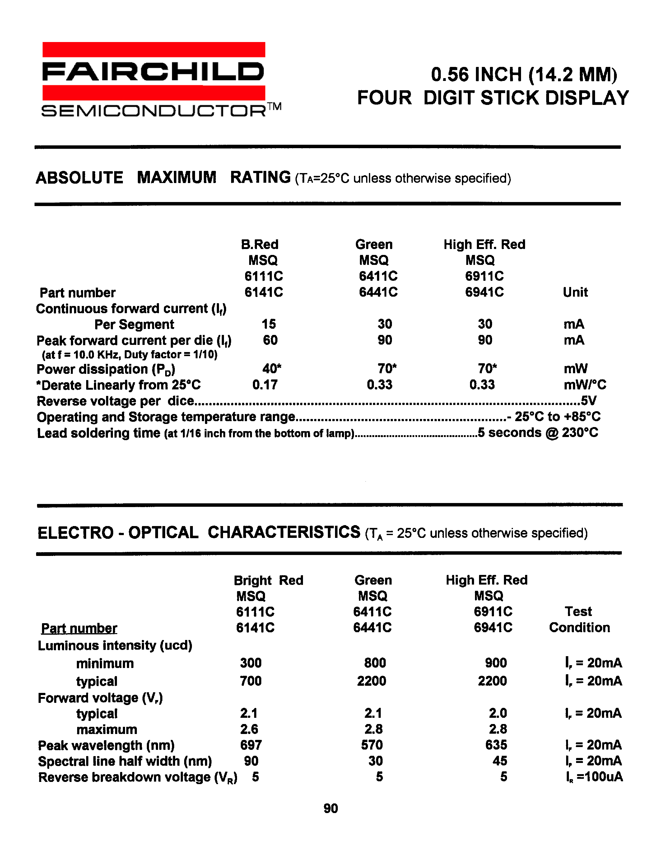 Datasheet MSQ6111C - (MSQ6111C - MSQ6941C) 0.56 INCH (14.2 MM) FOUR DIGIT STICK DISPLAY page 2