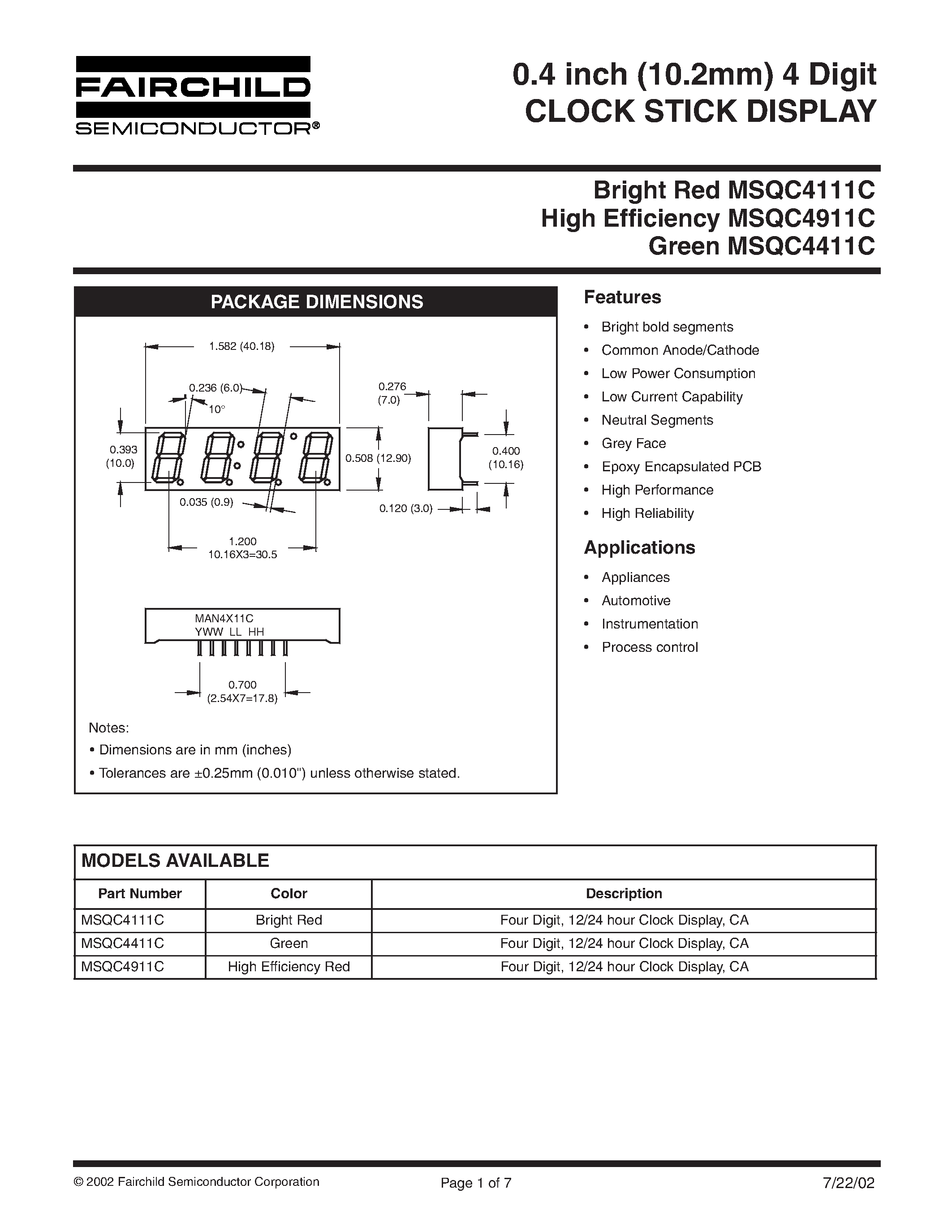Datasheet MSQC4111C - (MSQC4111C - MSQC4911C) 0.4 inch (10.2mm) 4 Digit CLOCK STICK DISPLAY page 1
