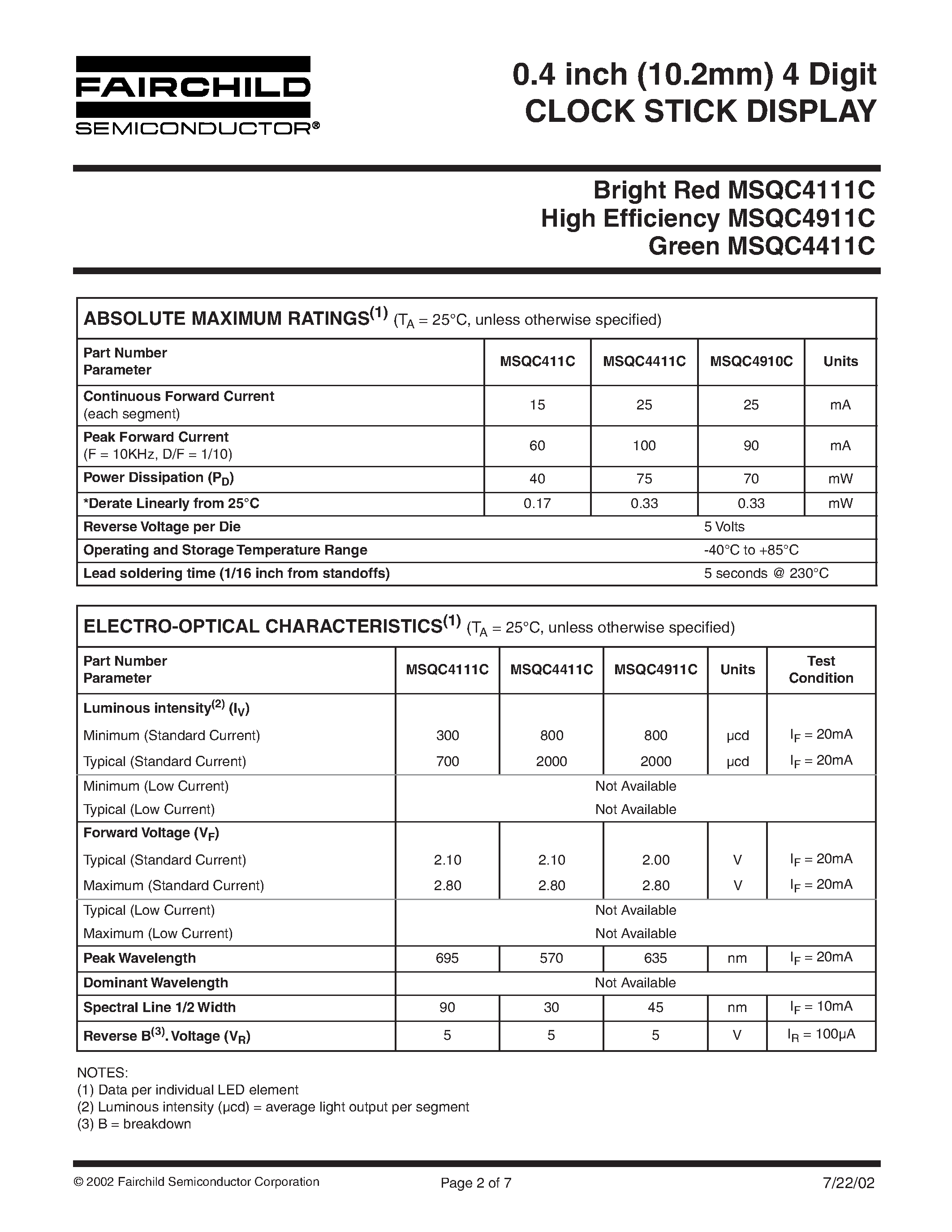 Datasheet MSQC4111C - (MSQC4111C - MSQC4911C) 0.4 inch (10.2mm) 4 Digit CLOCK STICK DISPLAY page 2