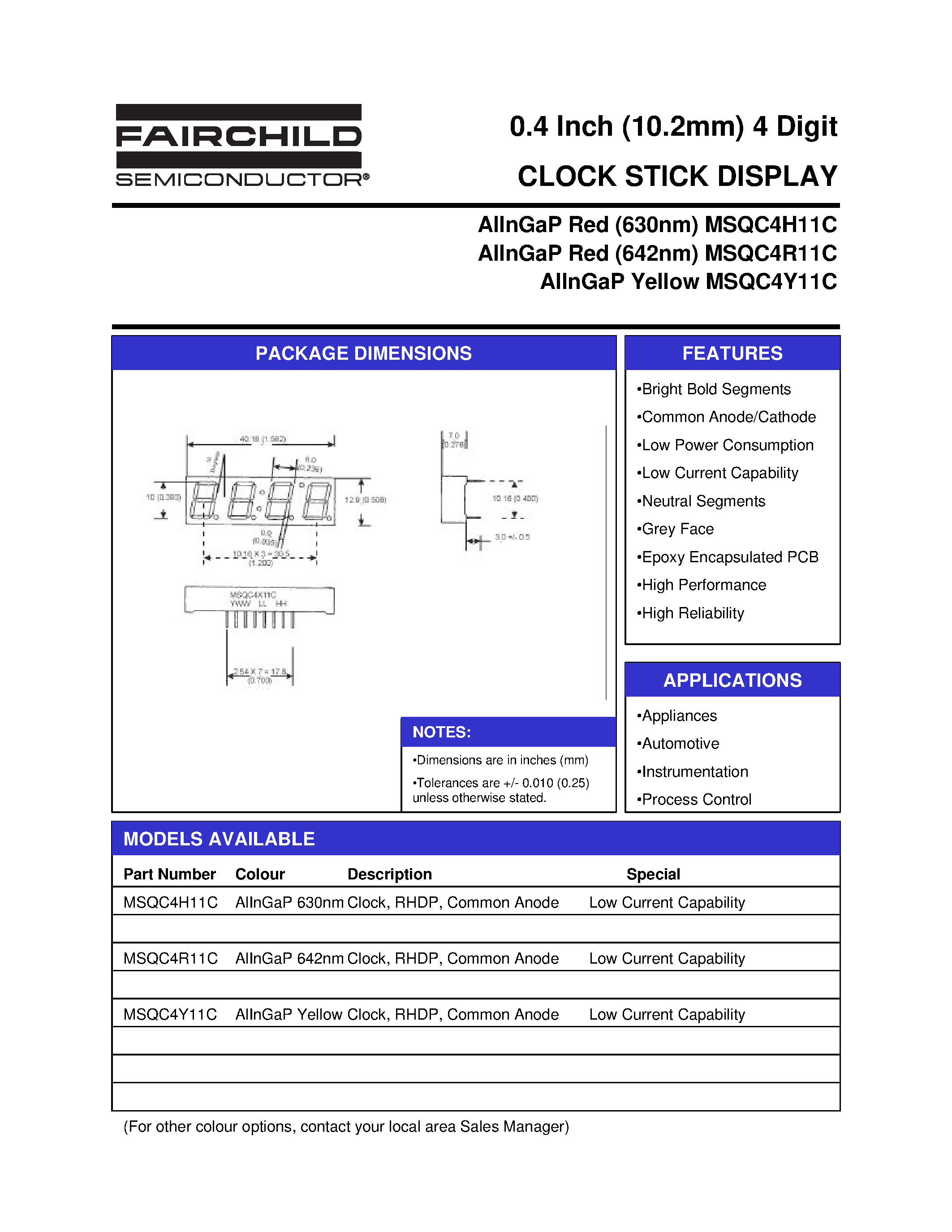 Datasheet MSQC4R11C - (MSQC4x11C) 0.4 Inch (10.2mm) 4 Digit CLOCK STICK DISPLAY page 1