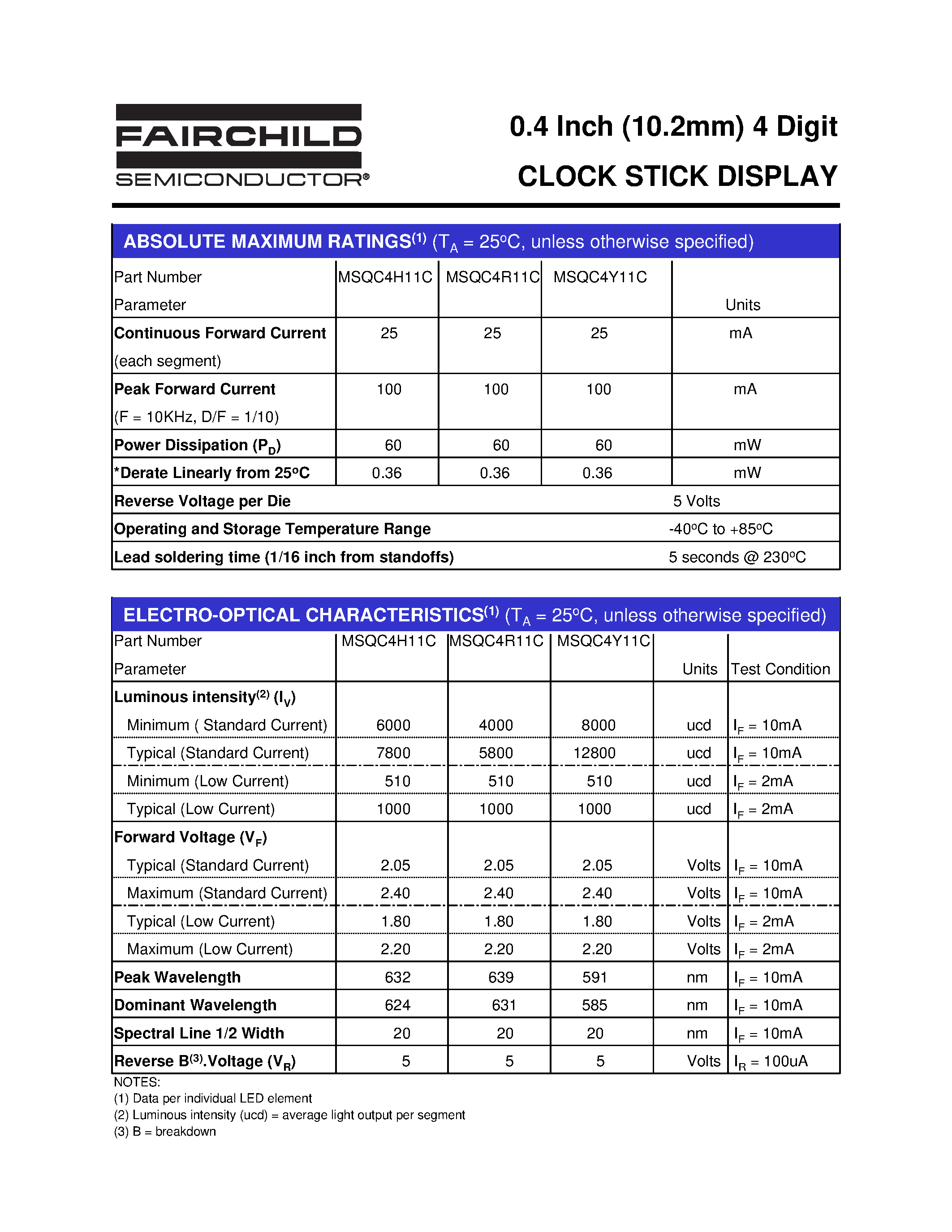 Datasheet MSQC4R11C - (MSQC4x11C) 0.4 Inch (10.2mm) 4 Digit CLOCK STICK DISPLAY page 2