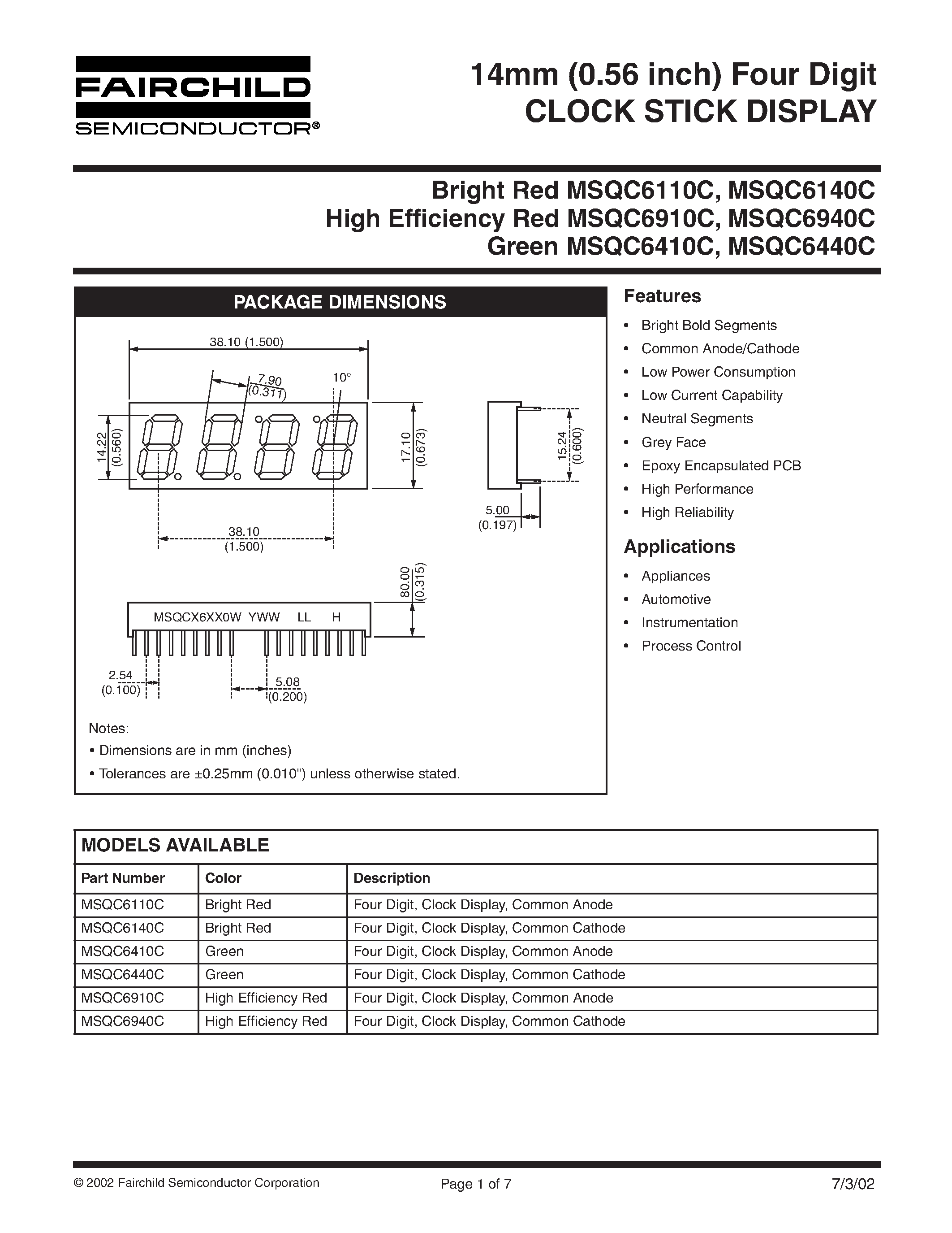 Datasheet MSQC6110C - (MSQC6110C - MSQC6940C) 14mm (0.56 inch) Four Digit CLOCK STICK DISPLAY page 1