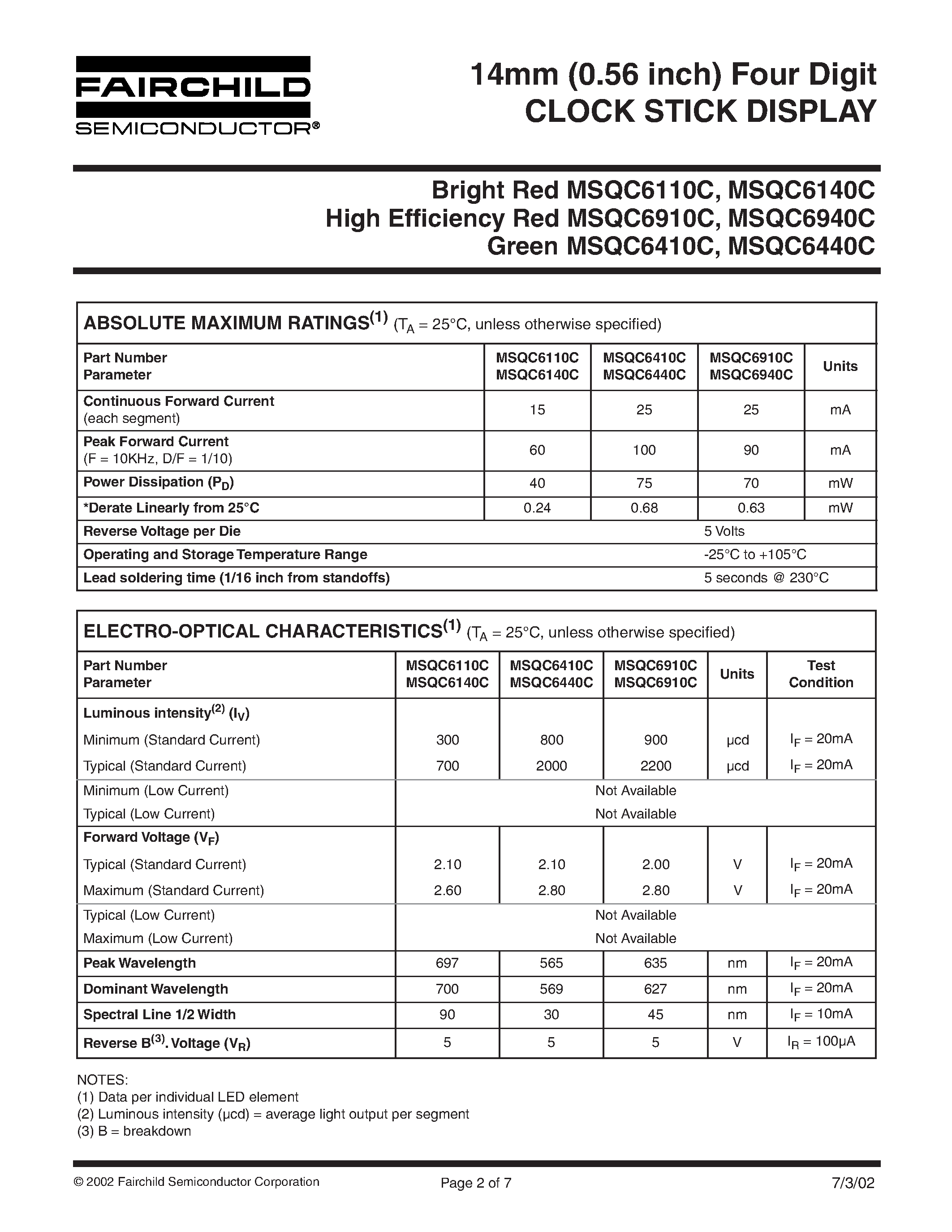 Datasheet MSQC6110C - (MSQC6110C - MSQC6940C) 14mm (0.56 inch) Four Digit CLOCK STICK DISPLAY page 2