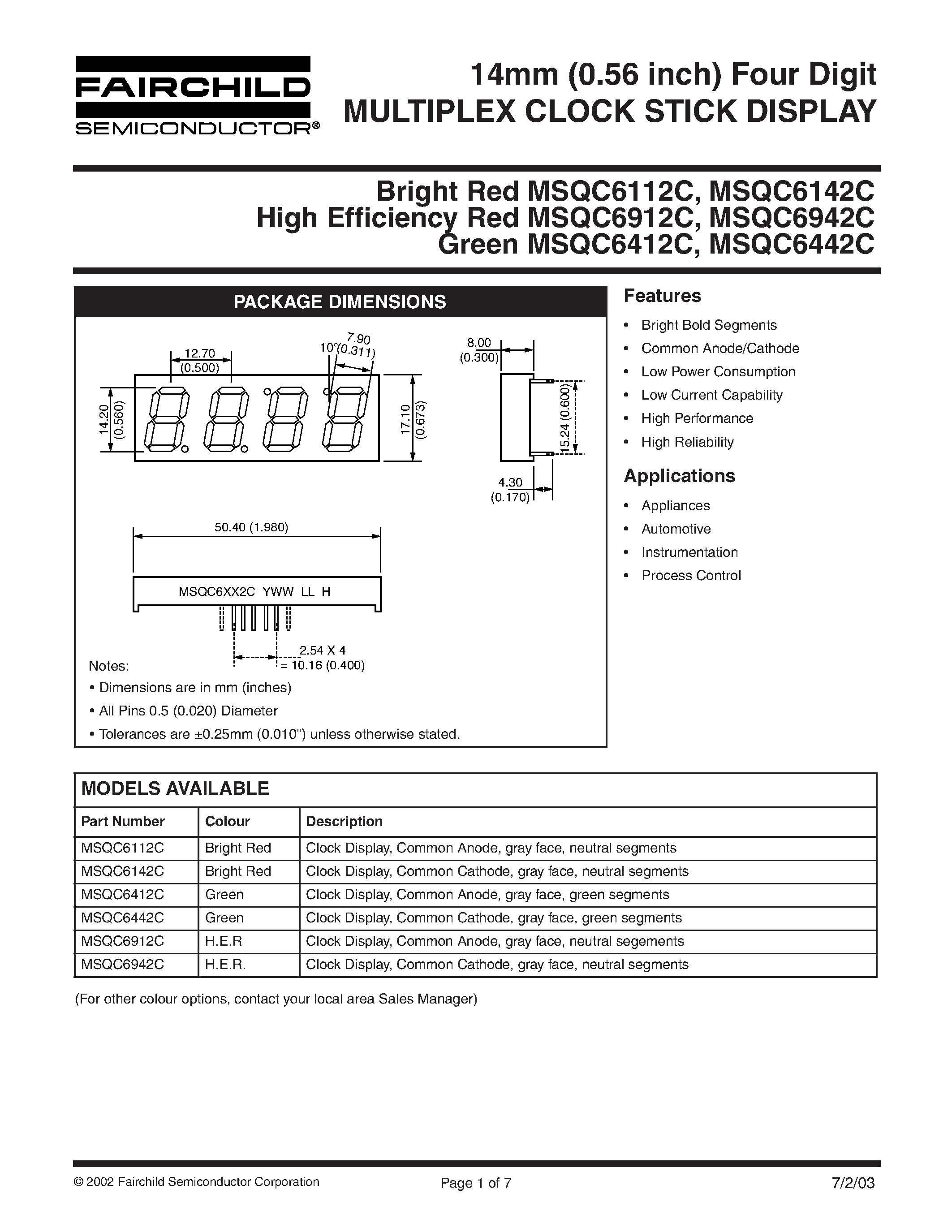 Datasheet MSQC6112C - (MSQC6112C - MSQC6942C) 14mm (0.56 inch) Four Digit MULTIPLEX CLOCK STICK DISPLAY page 1