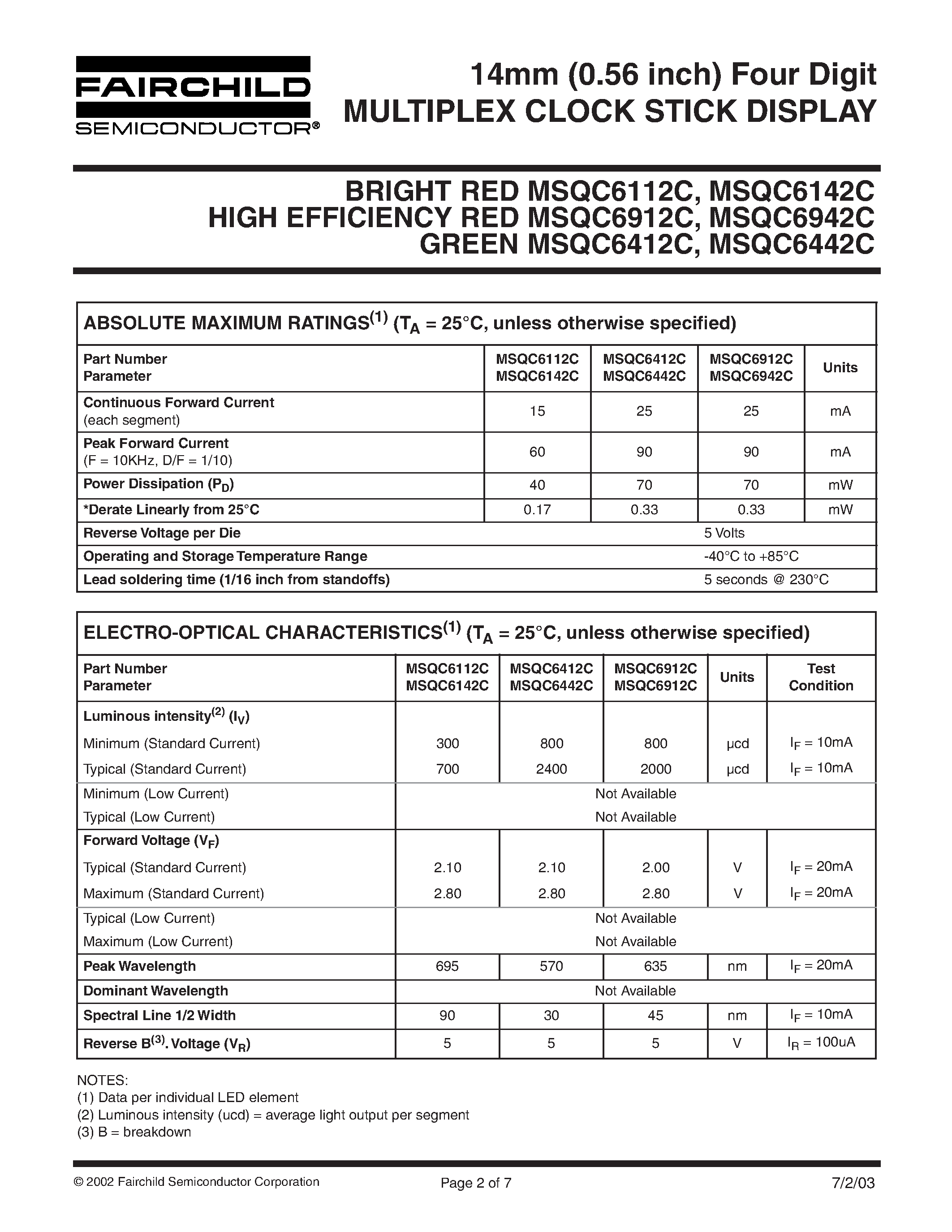 Datasheet MSQC6112C - (MSQC6112C - MSQC6942C) 14mm (0.56 inch) Four Digit MULTIPLEX CLOCK STICK DISPLAY page 2