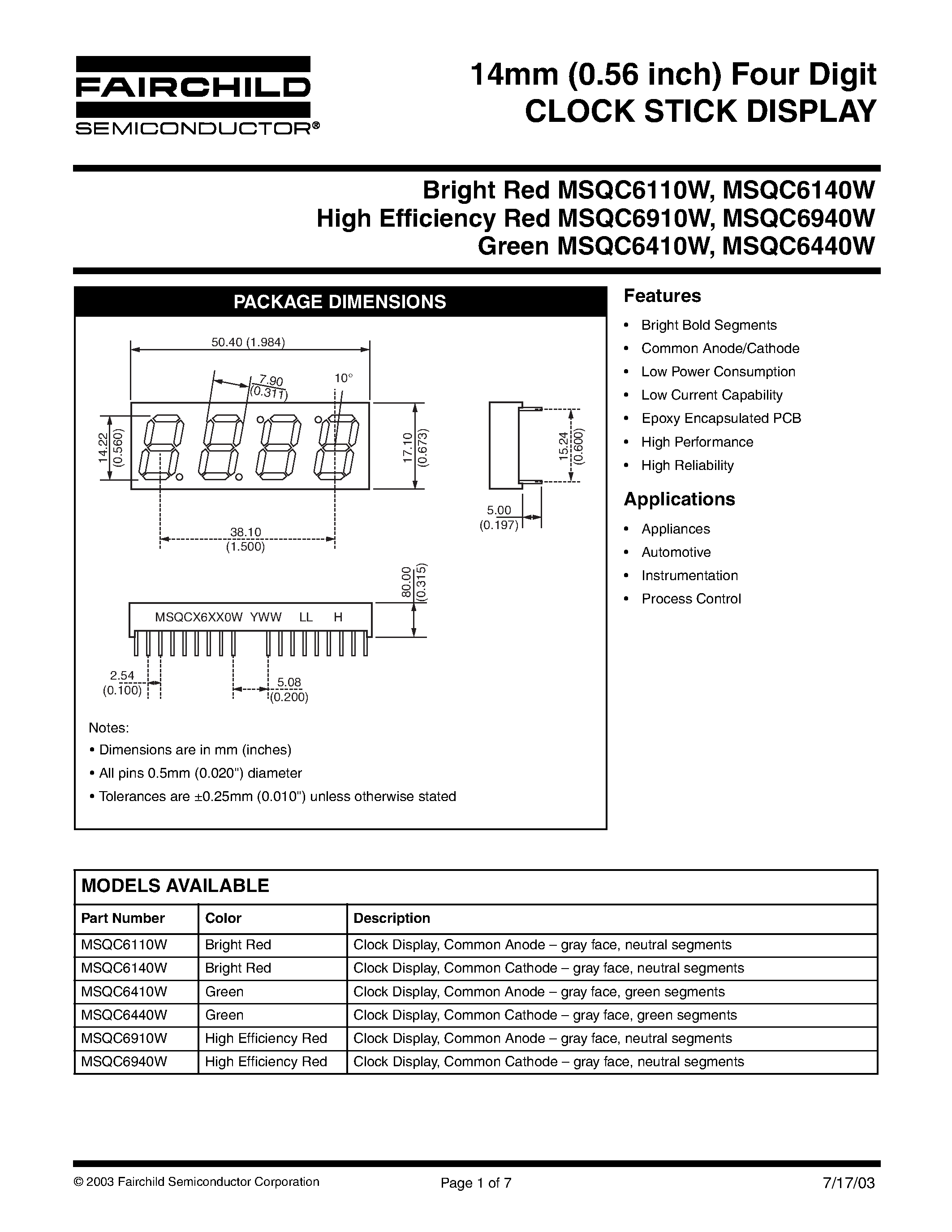 Datasheet MSQC6110W - (MSQC6110W - MSQC6940W) 14mm (0.56 inch) Four Digit CLOCK STICK DISPLAY page 1