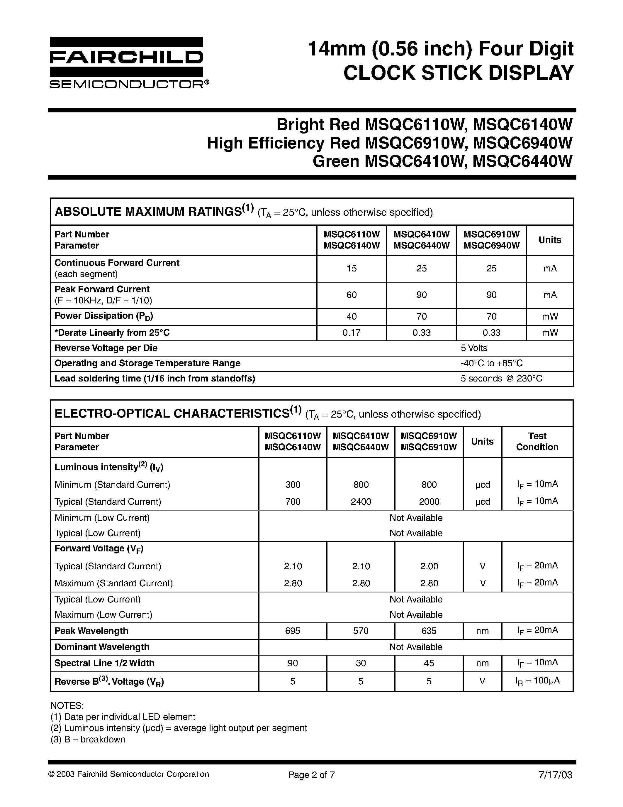 Datasheet MSQC6110W - (MSQC6110W - MSQC6940W) 14mm (0.56 inch) Four Digit CLOCK STICK DISPLAY page 2