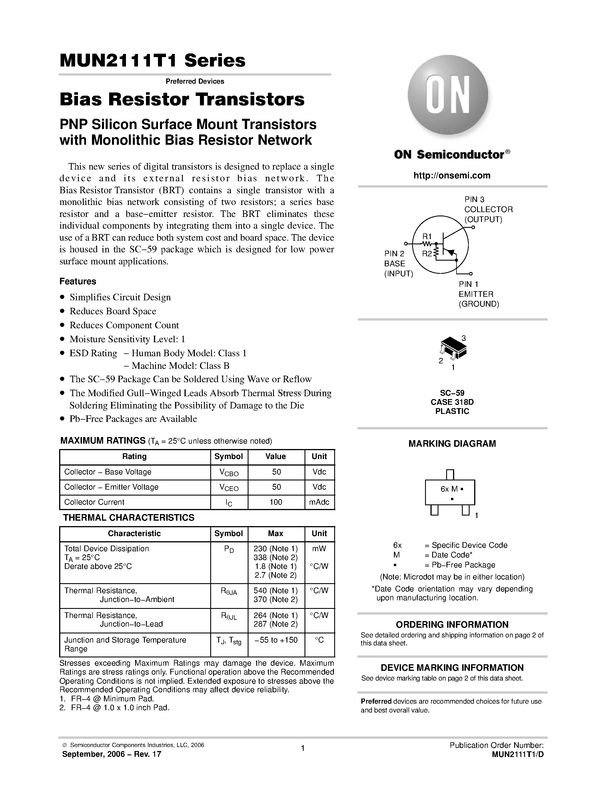 Datasheet MUN2111T1 - (MUN2111T1 Series) Bias Resistor Transistors page 1