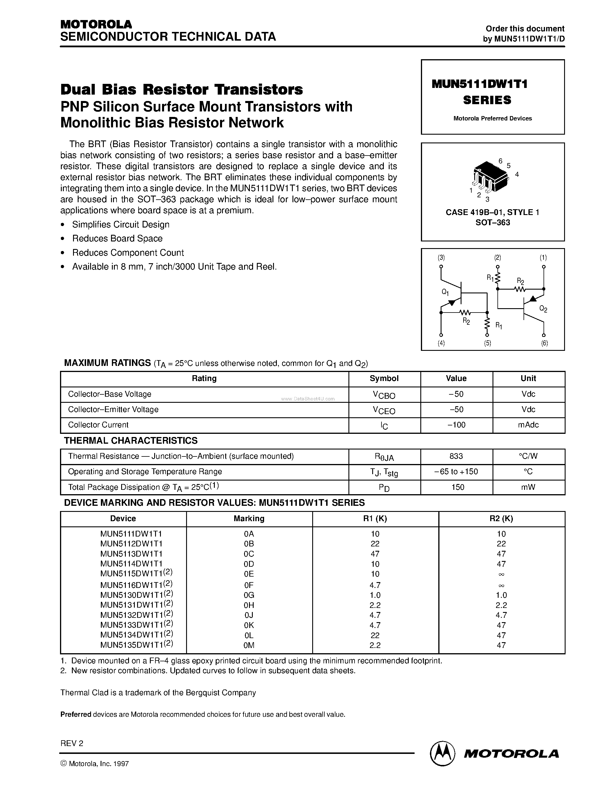 Datasheet MUN5111DW1T1 - (MUN5111DW1T1 Series) Dual Bias Resistor Transistors page 1
