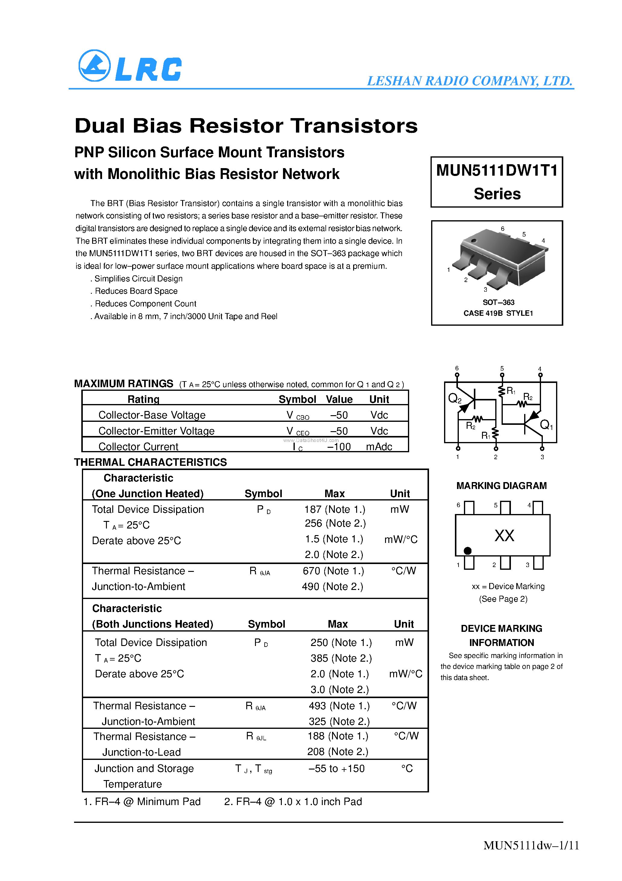 Datasheet MUN5111DW1T1 - (MUN5111DW1T1 Series) Dual Bias Resistor Transistors page 1