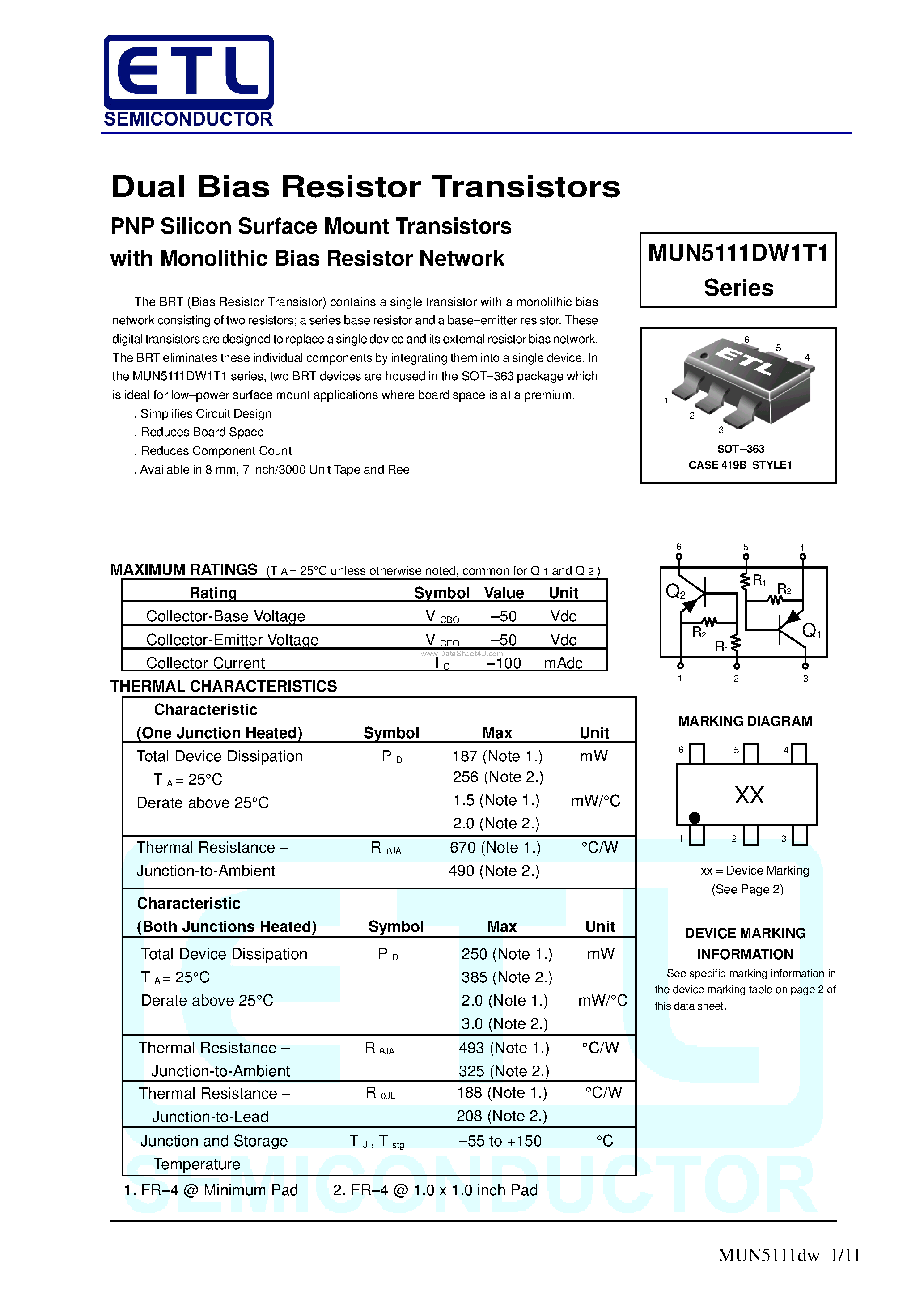 Datasheet MUN5111DW1T1 - (MUN5111DW1T1 Series) Dual Bias Resistor Transistors PNP Silicon Surface Mount Transistors page 1