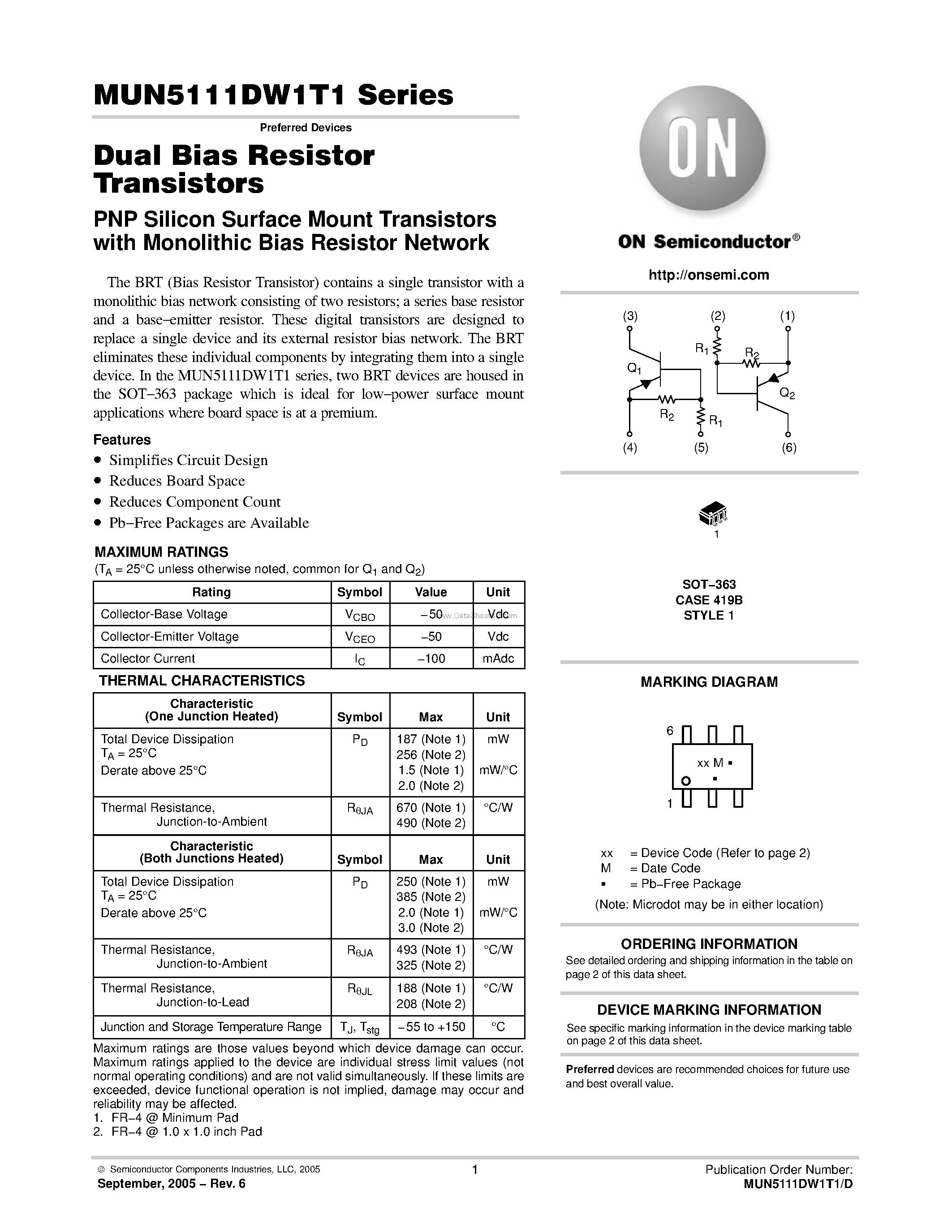 Datasheet MUN5111DW1T1 - (MUN5111DW1T1 Series) Dual Bias Resistor Transistors page 1