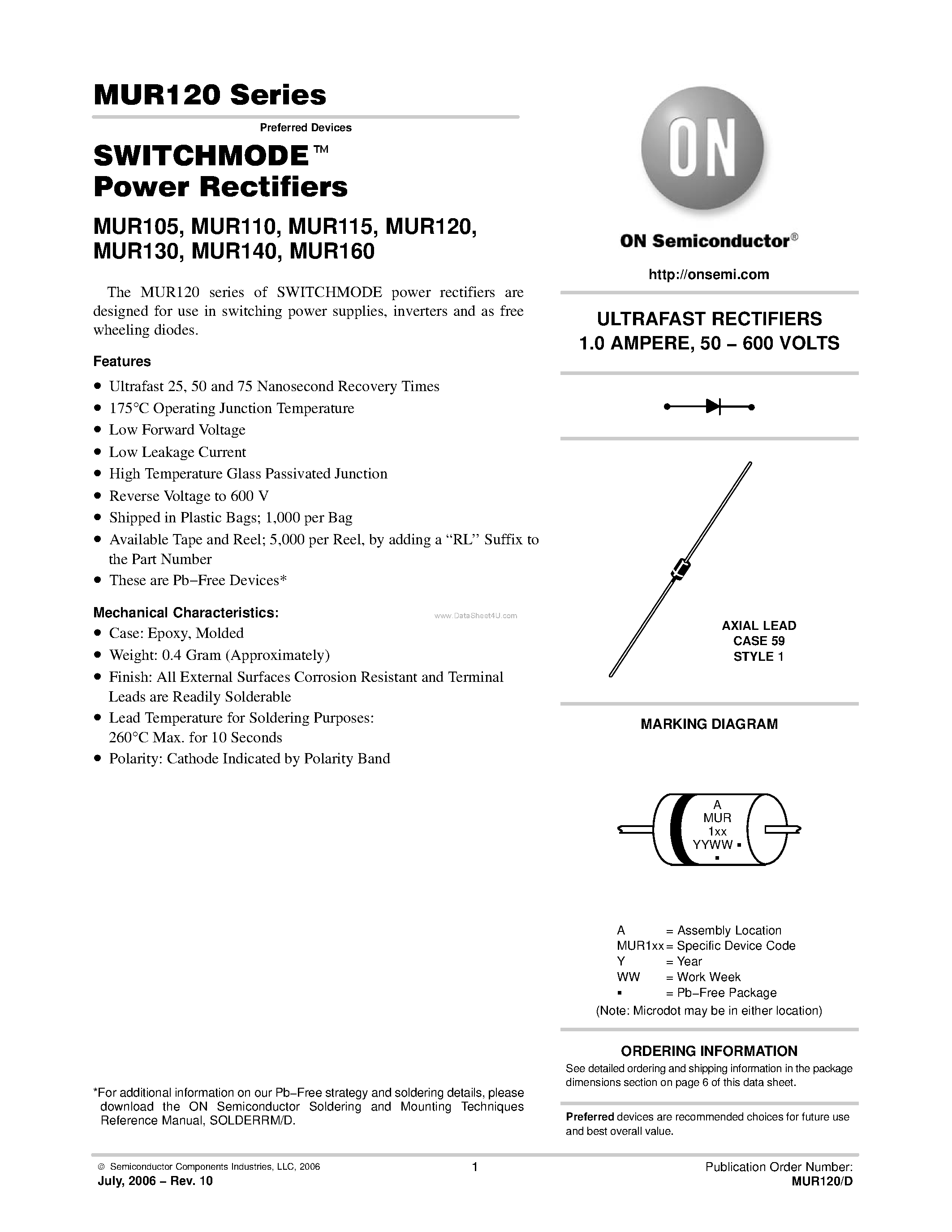 Datasheet MUR105 page 1 Datasheet MUR105 - (MUR120 Series) Power Rectifiers page 1