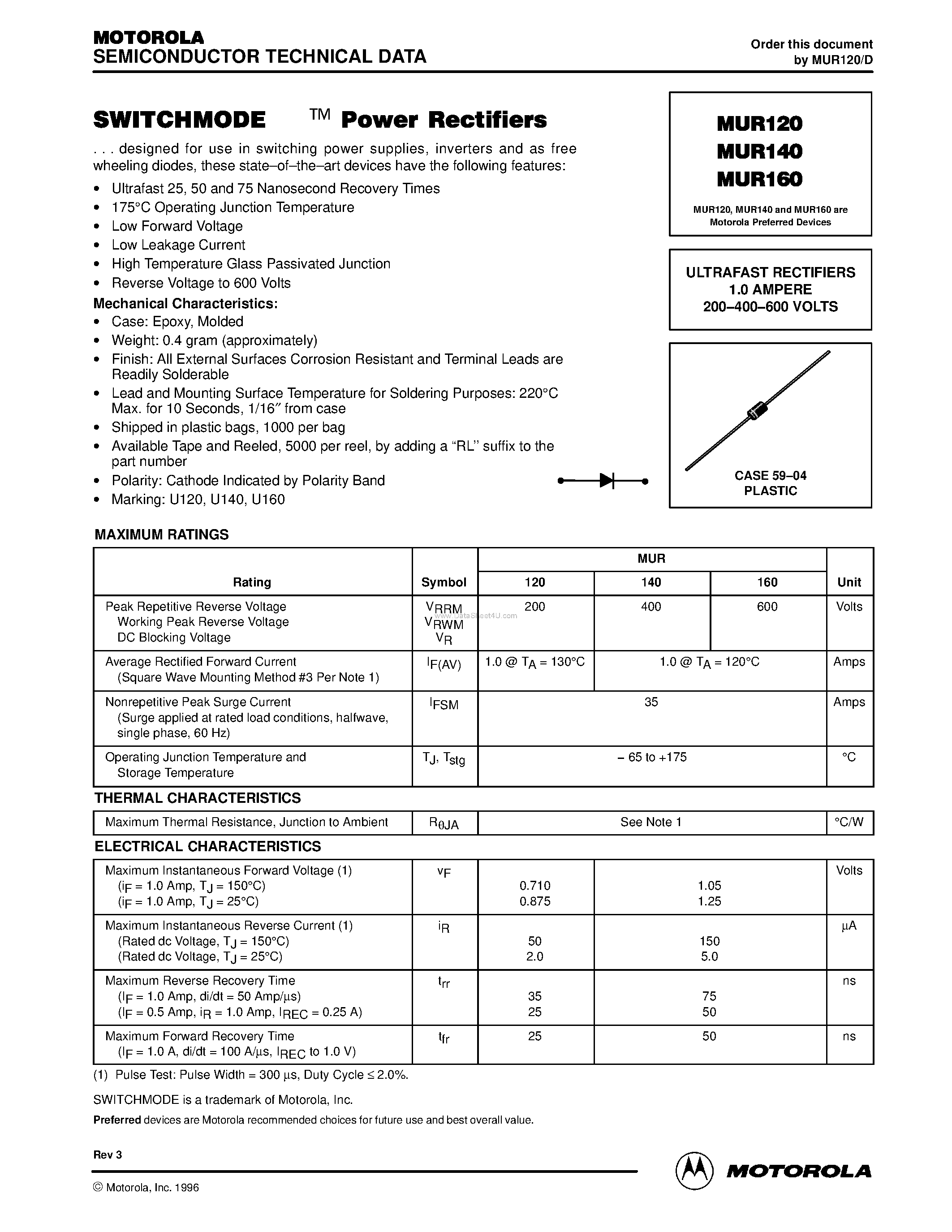 Datasheet MUR120 - (MUR120 - MUR160) ULTRAFAST RECTIFIERS page 1
