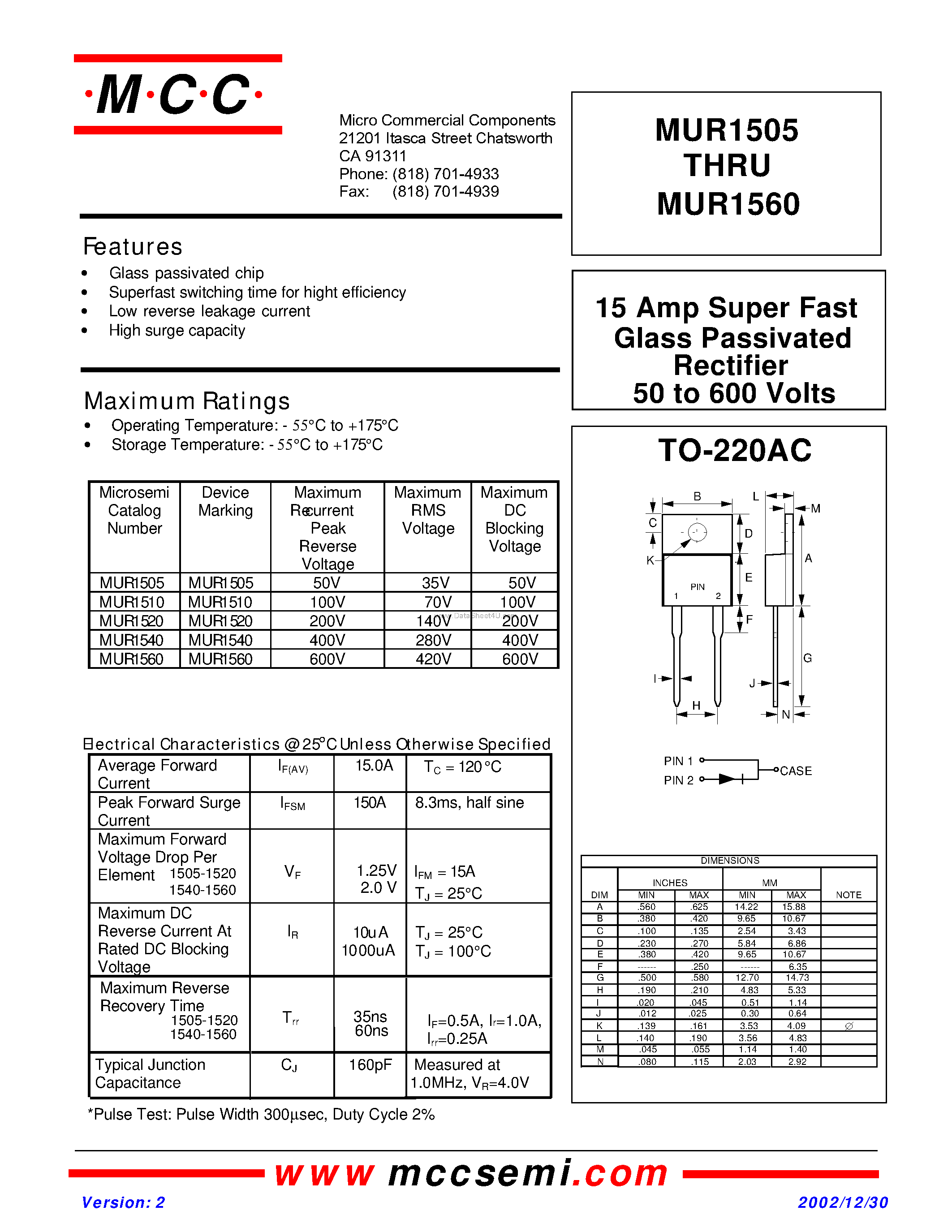 Даташит MUR1505 - (MUR1505 - MUR1560) 15 AMP SUPER FAST GLASS PASSIVATED RECTIFIER 50 TO 600 VOLTS страница 1