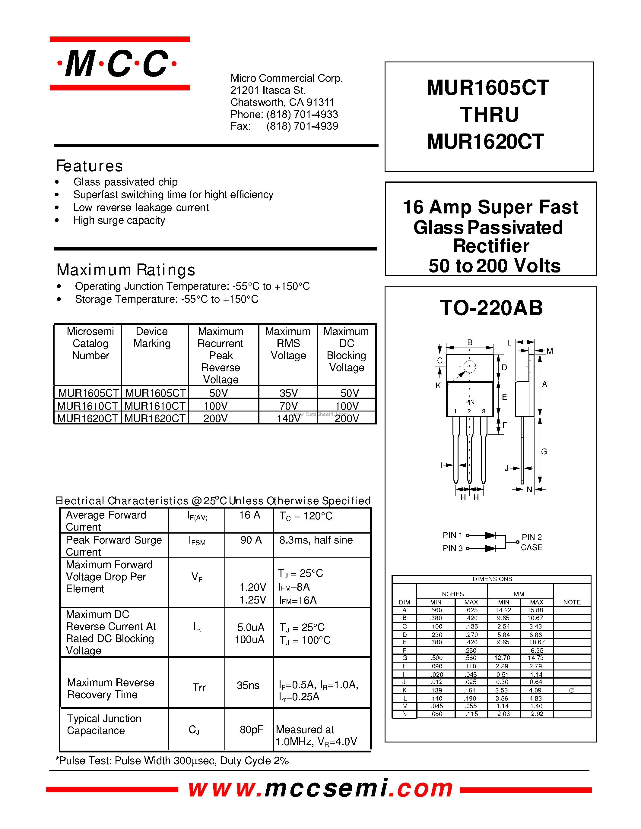Даташит MUR1605CT - (MUR1605CT - MUR1620CT) 16 Amp Super Fast Glass Pass ivated Rectifier 50 to 200 Volts страница 1