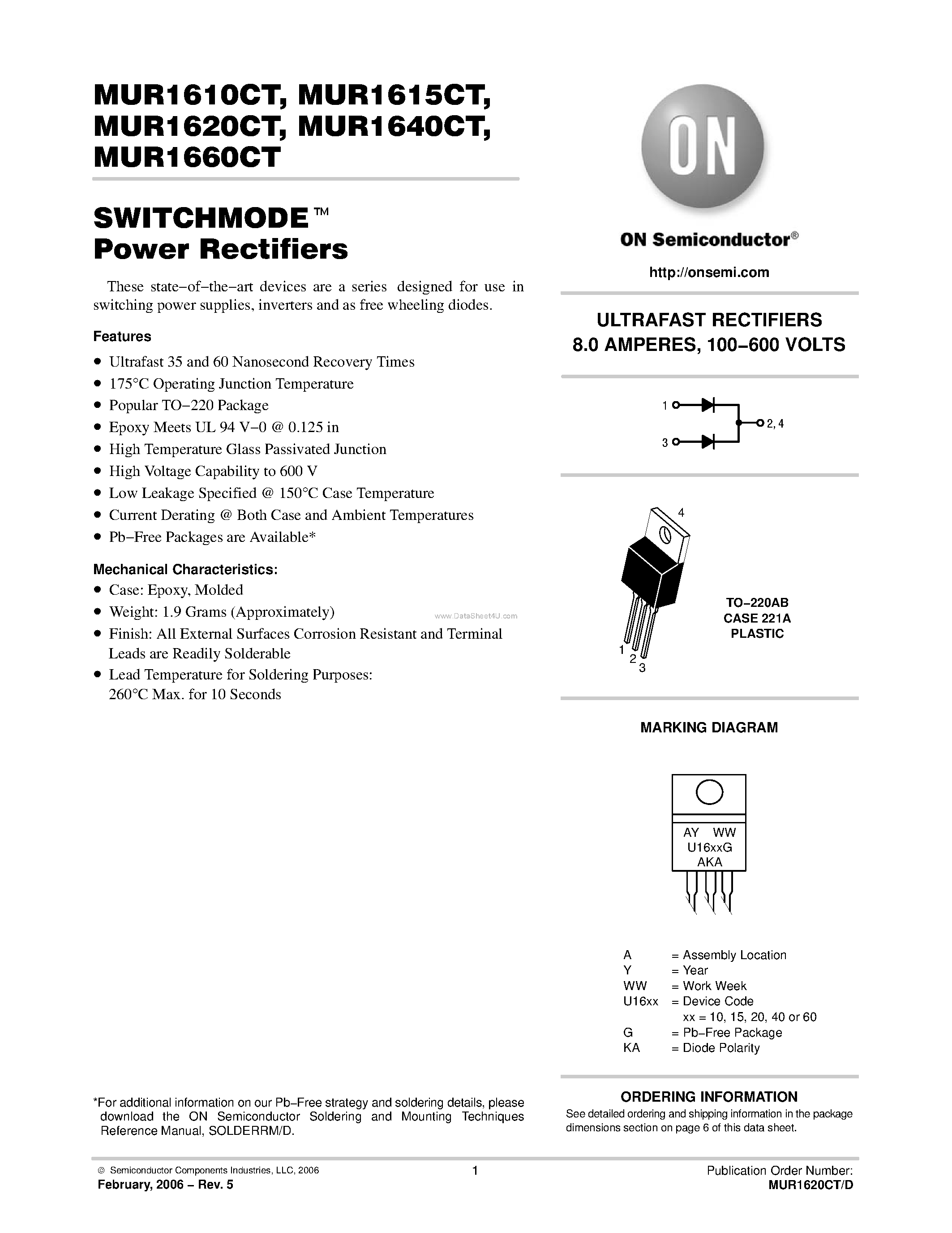 Datasheet MUR1610CT page 1 Datasheet MUR1610CT - (MUR1610CT - MUR1660CT) ULTRAFAST RECTIFIERS page 1
