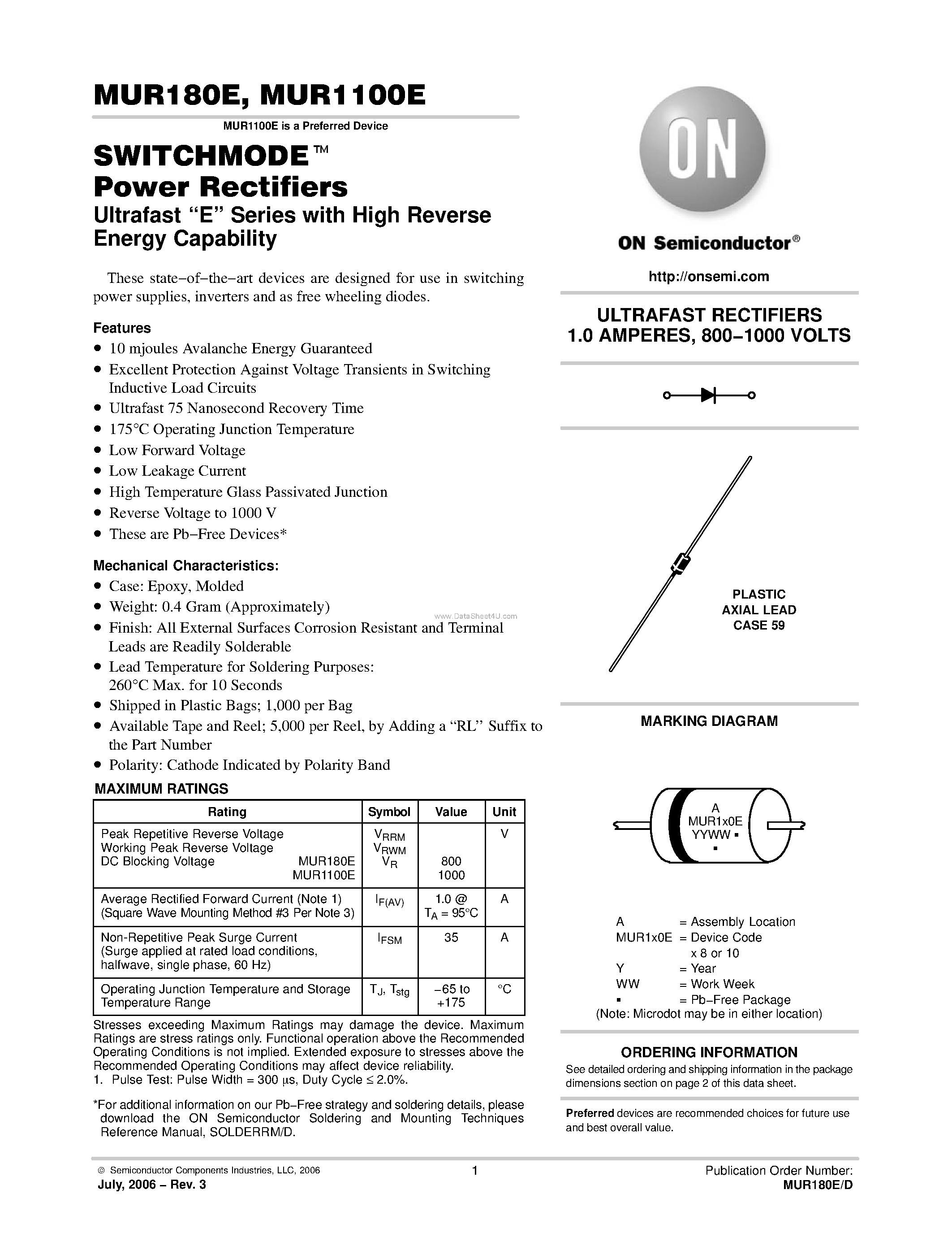 Datasheet MUR1100E page 1 Datasheet MUR1100E - (MUR180E / MUR1100E) Power Rectifiers page 1