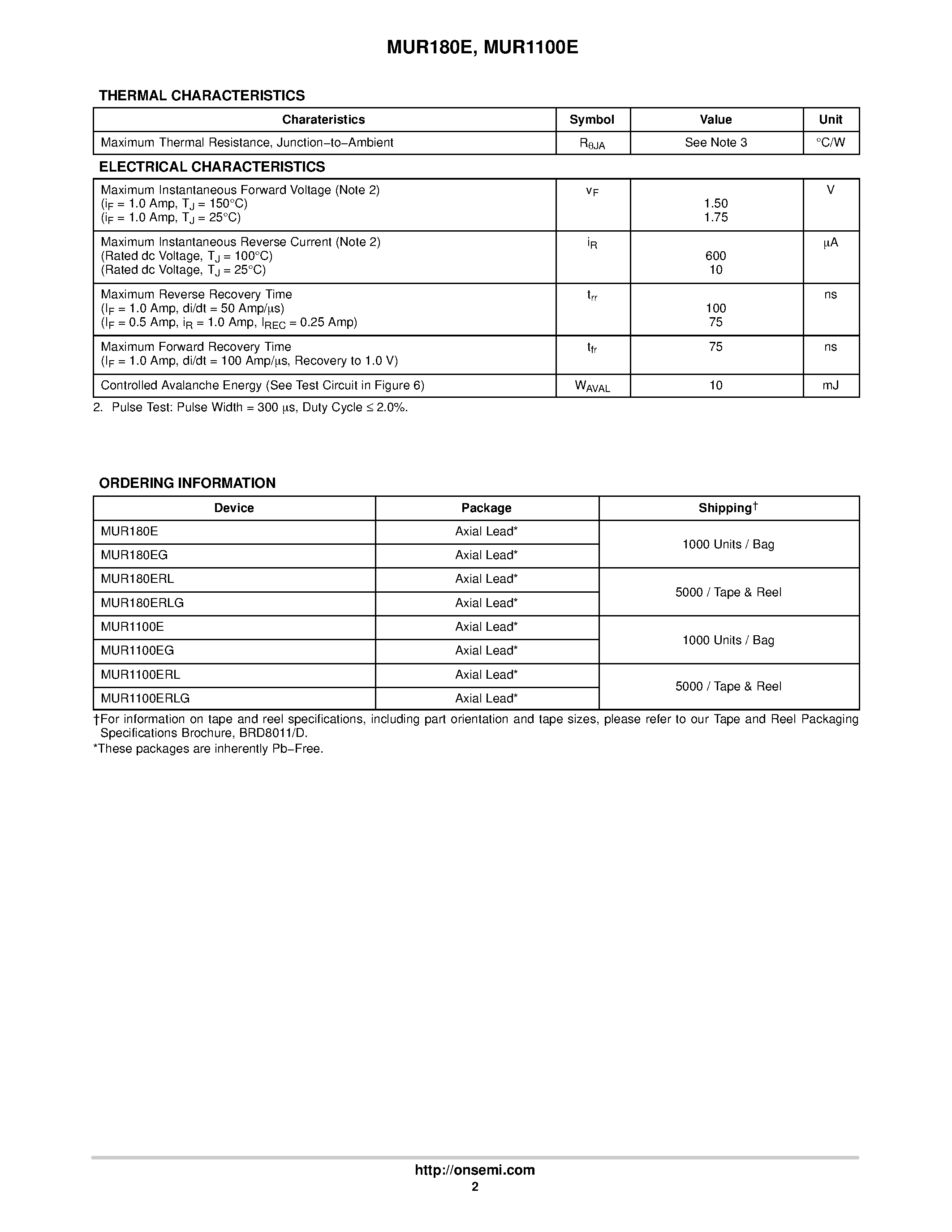 Datasheet MUR1100E page 2 Datasheet MUR1100E - (MUR180E / MUR1100E) Power Rectifiers page 2
