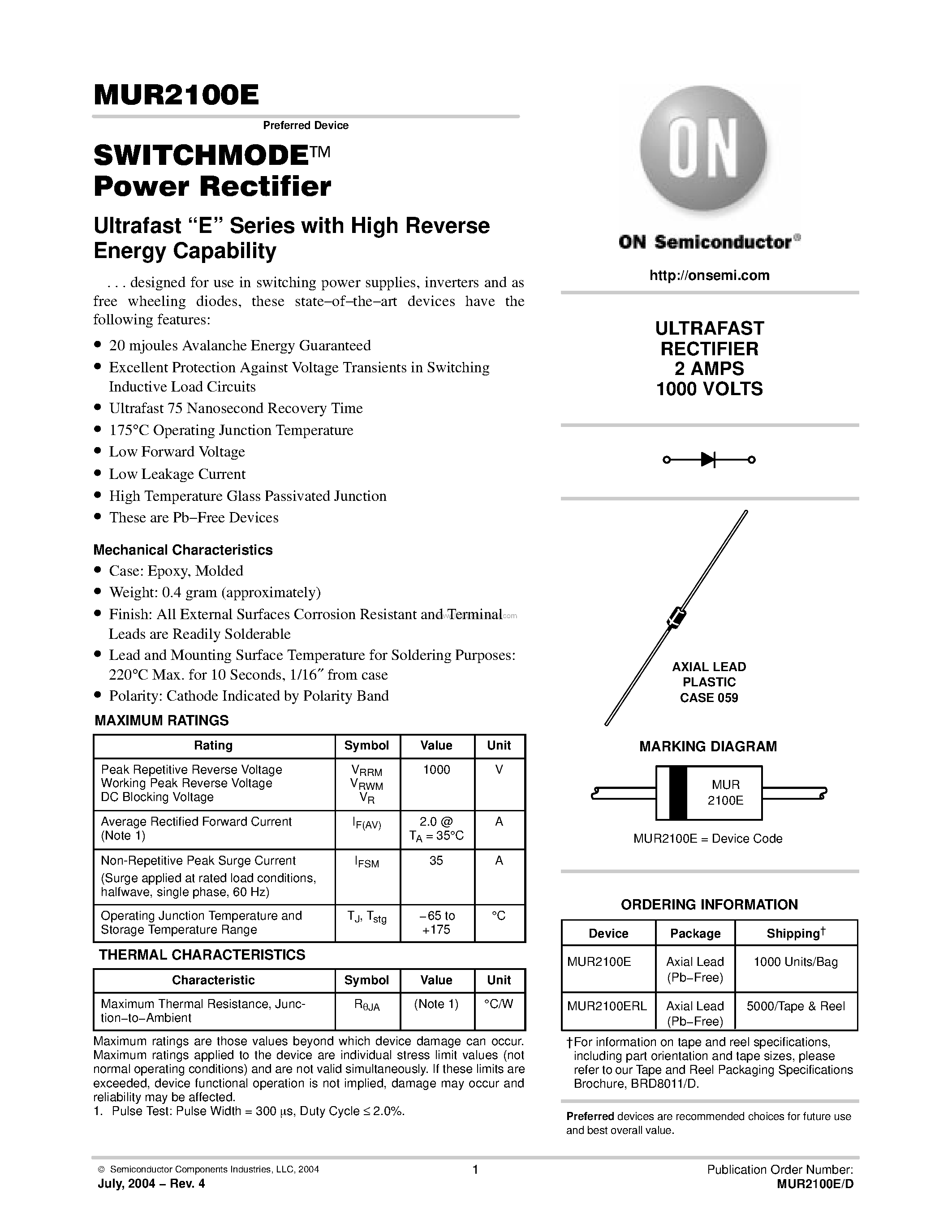 Даташит MUR2100E - Power Rectifier страница 1