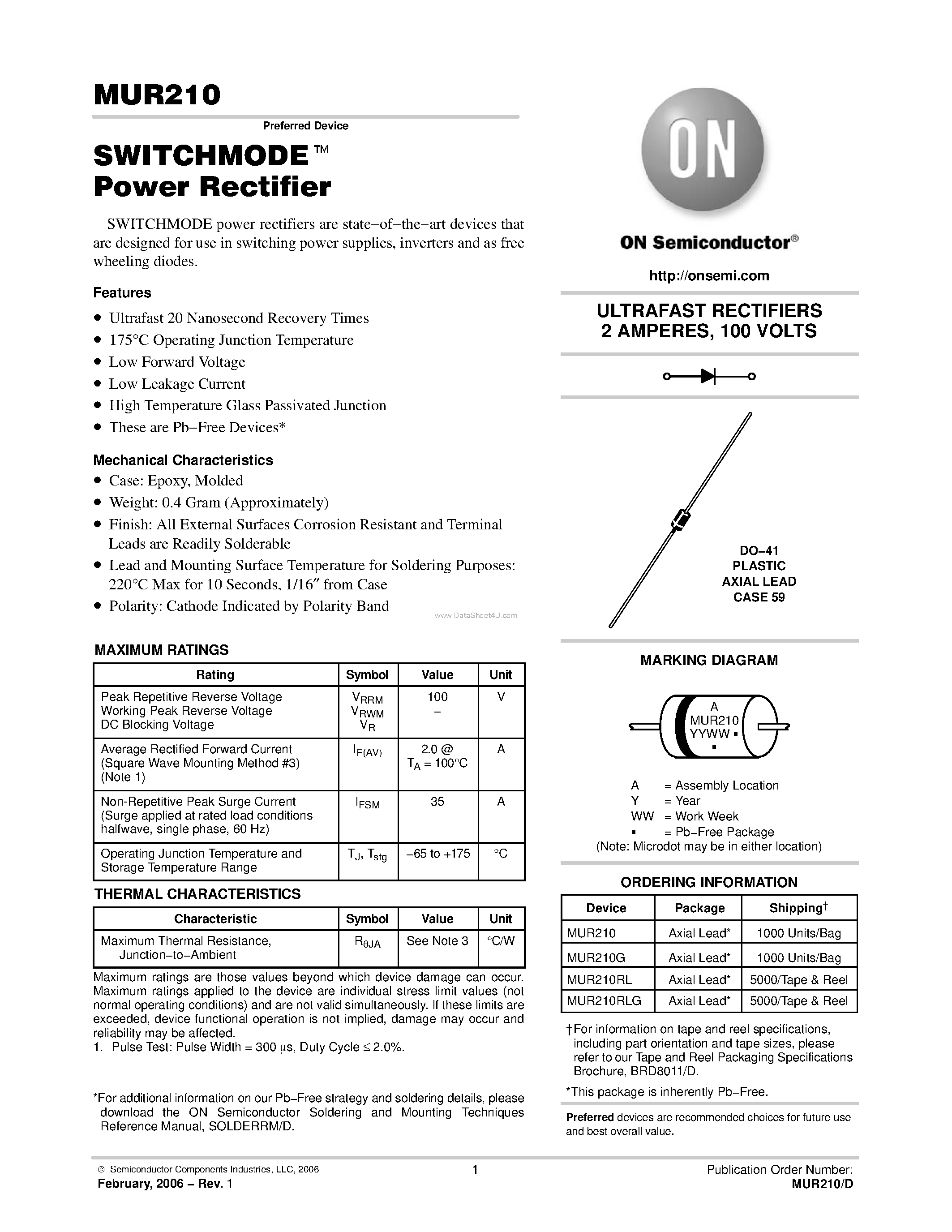 Даташит MUR210 - Power Rectifier страница 1