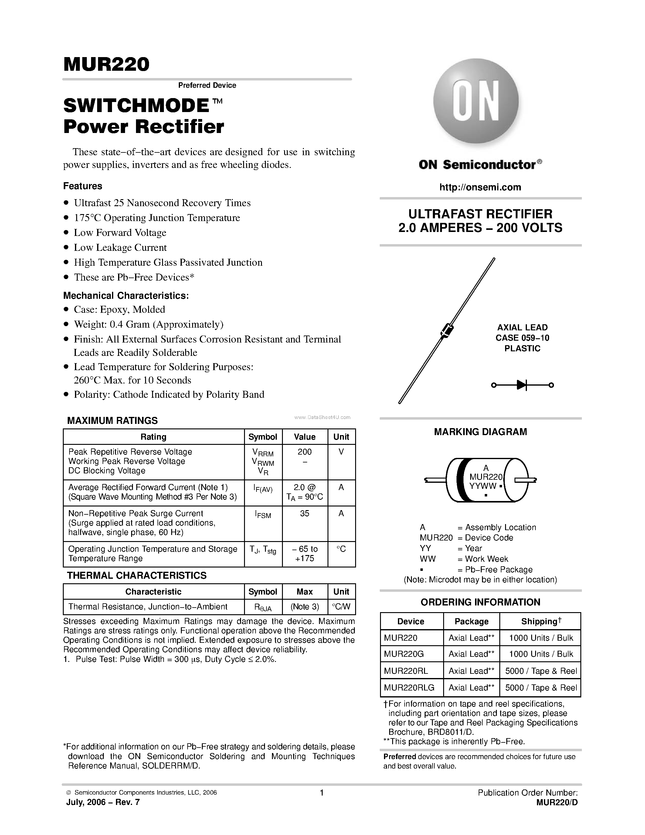 Даташит MUR220 - Power Rectifier страница 1