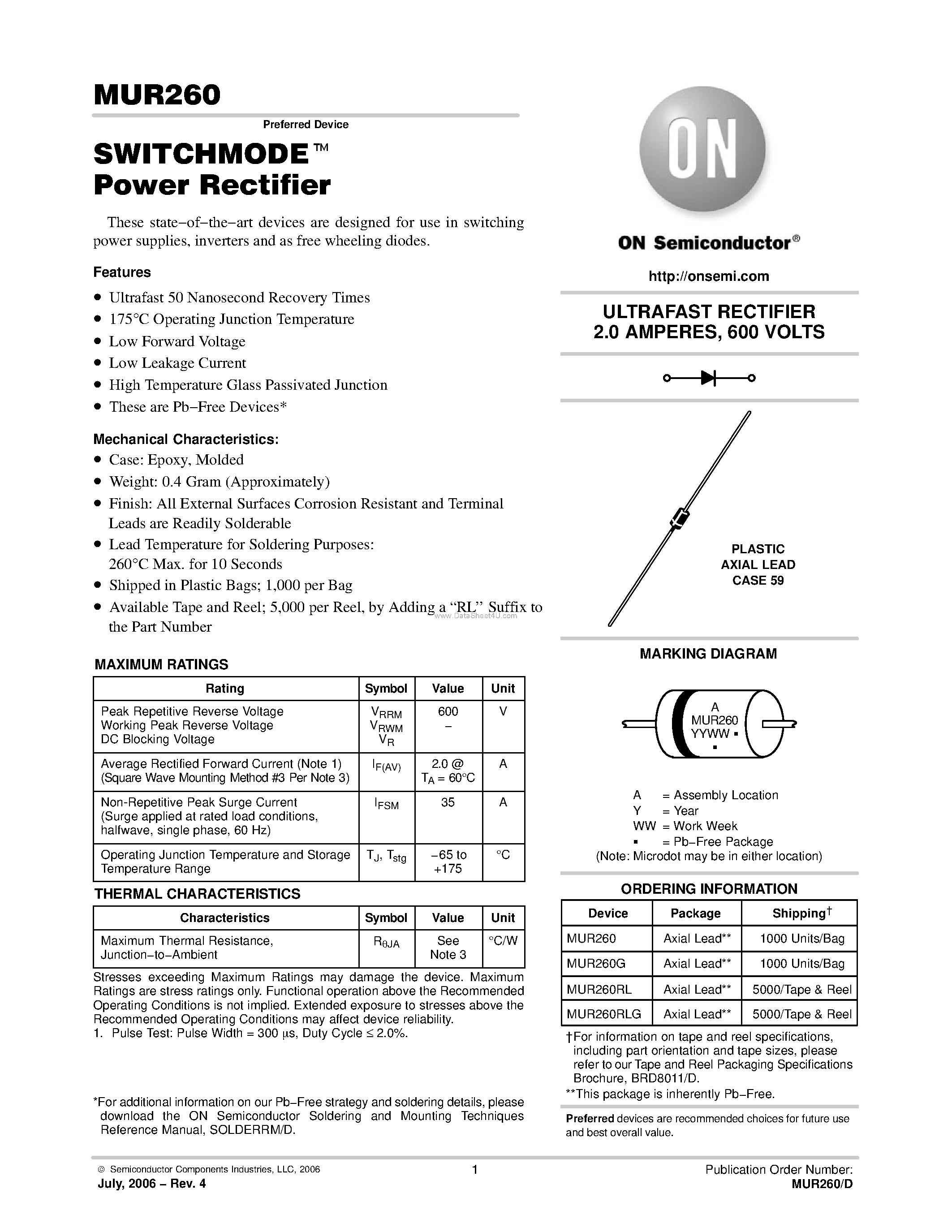 Даташит MUR260 - Power Rectifier страница 1