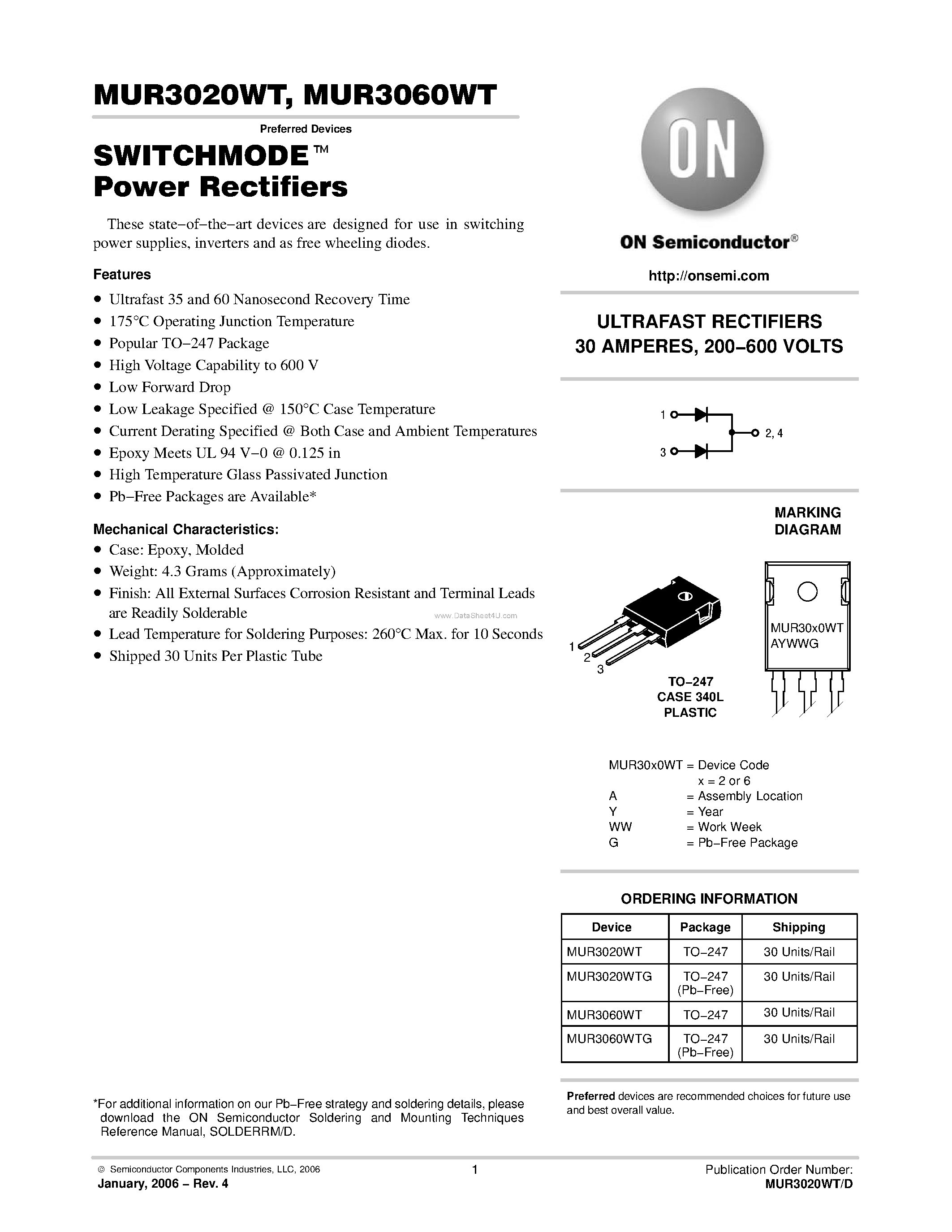 Datasheet MUR3020WT page 1 Datasheet MUR3020WT - (MUR3020WT / MUR3060WT) Power Rectifiers page 1