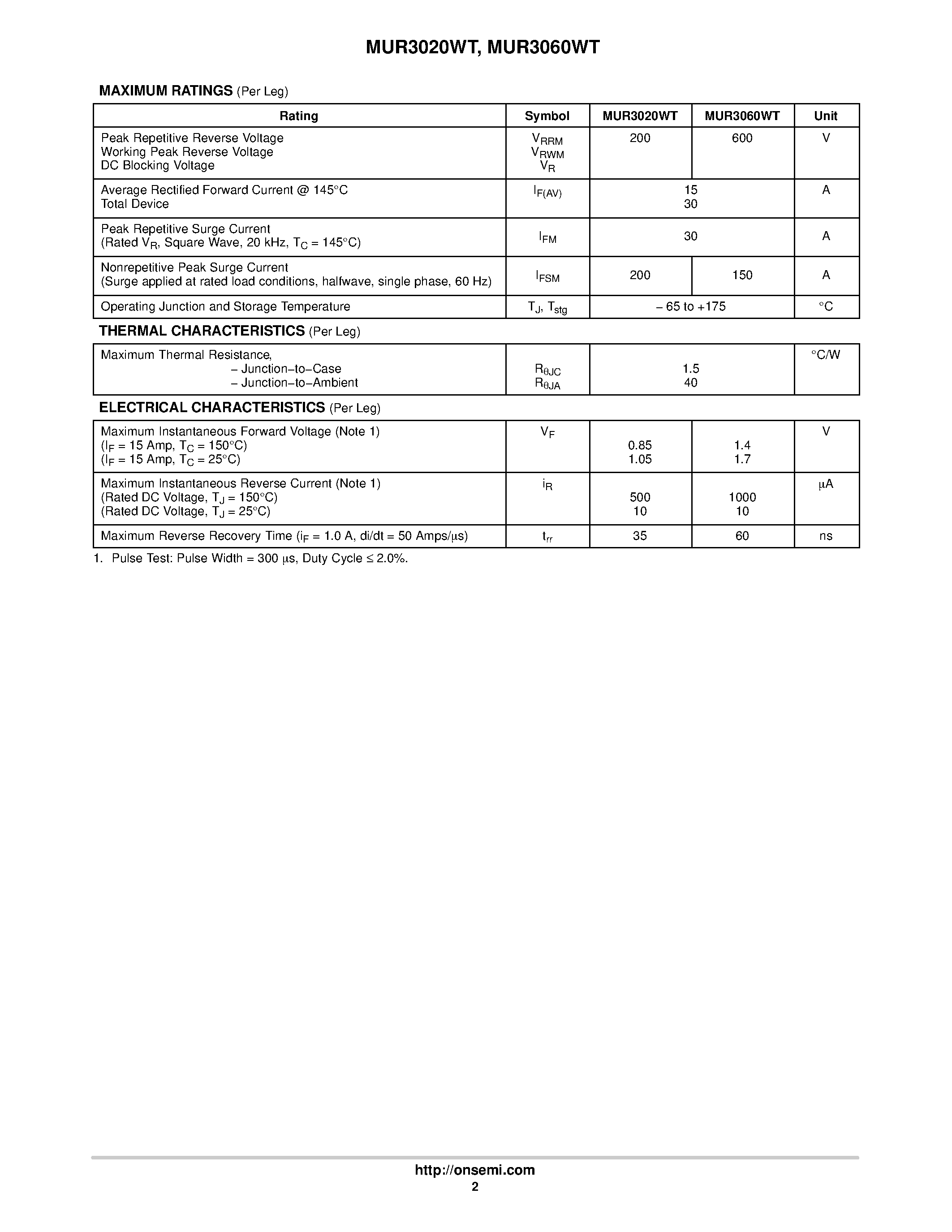 Datasheet MUR3020WT page 2 Datasheet MUR3020WT - (MUR3020WT / MUR3060WT) Power Rectifiers page 2