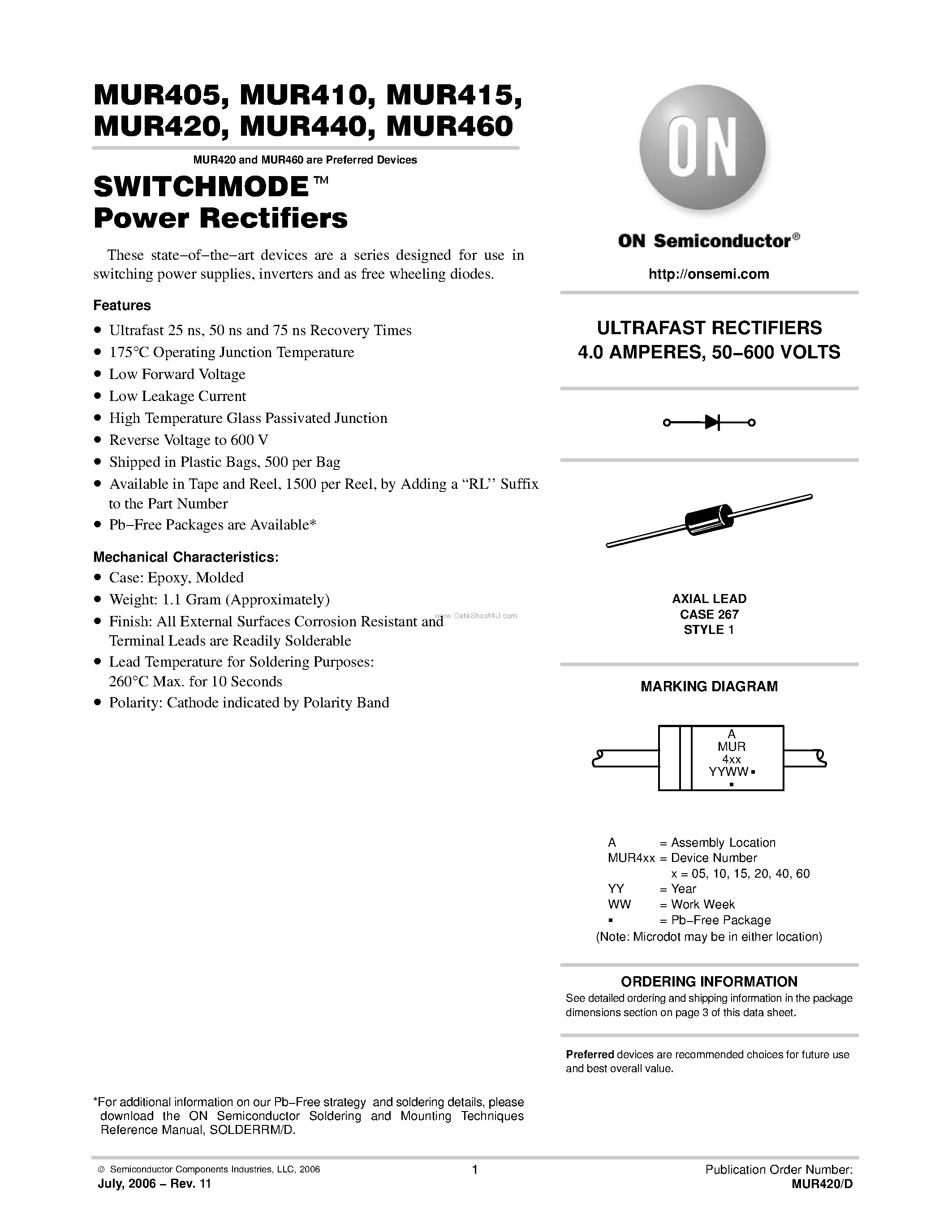 Datasheet MUR405 page 1 Datasheet MUR405 - (MUR405 - MUR460) Power Rectifiers page 1