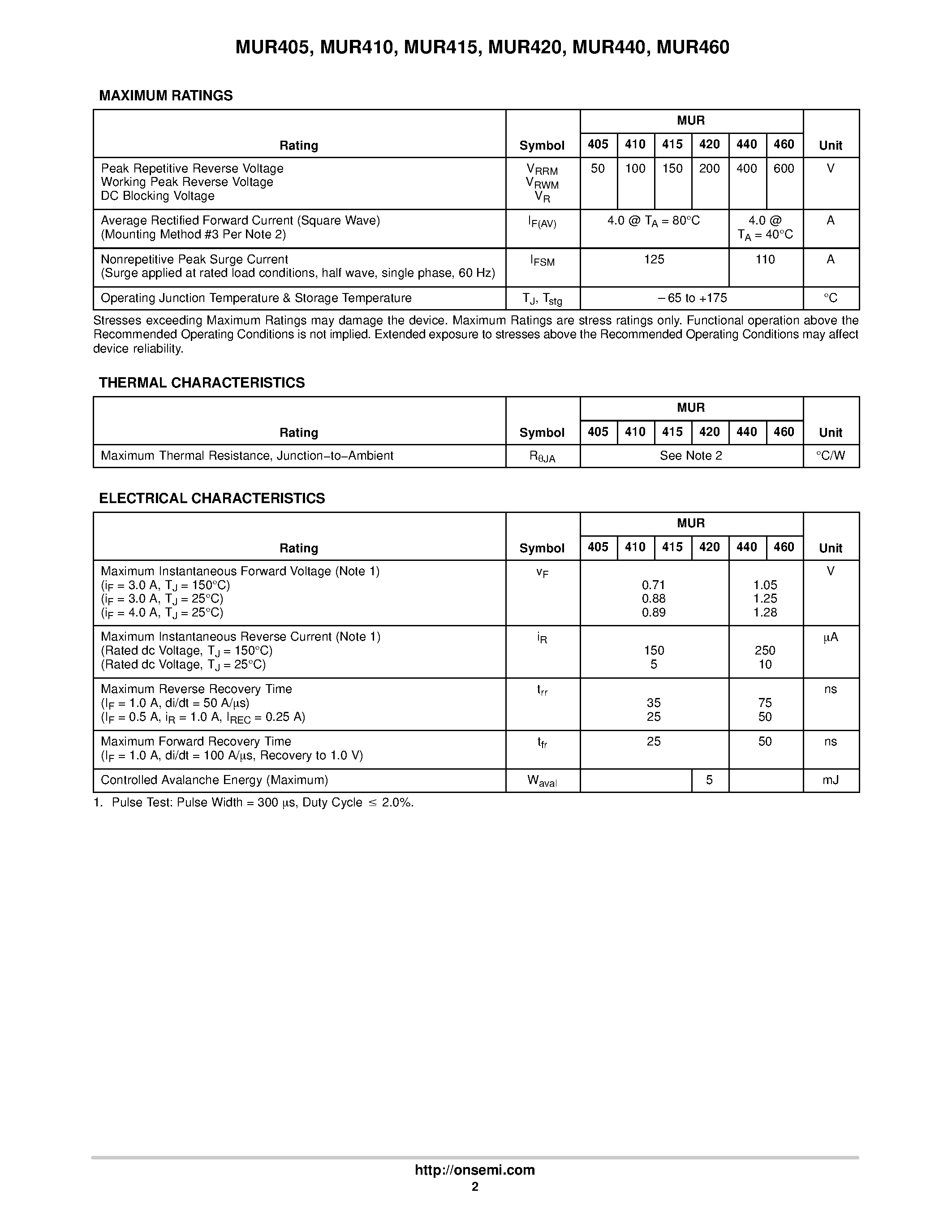 Datasheet MUR405 page 2 Datasheet MUR405 - (MUR405 - MUR460) Power Rectifiers page 2