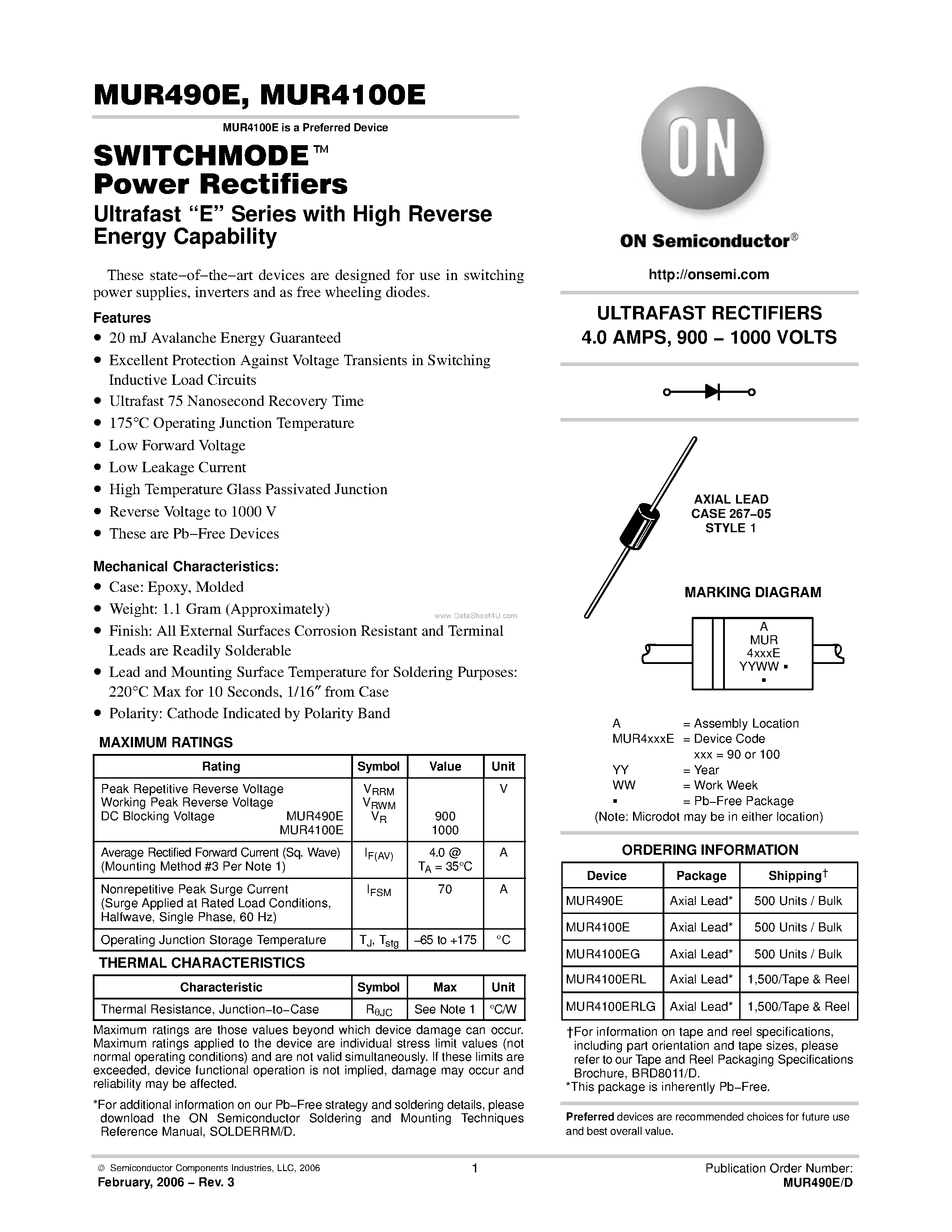 Datasheet MUR4100E page 1 Datasheet MUR4100E - (MUR490E / MUR4100E) ULTRAFAST RECTIFIERS page 1