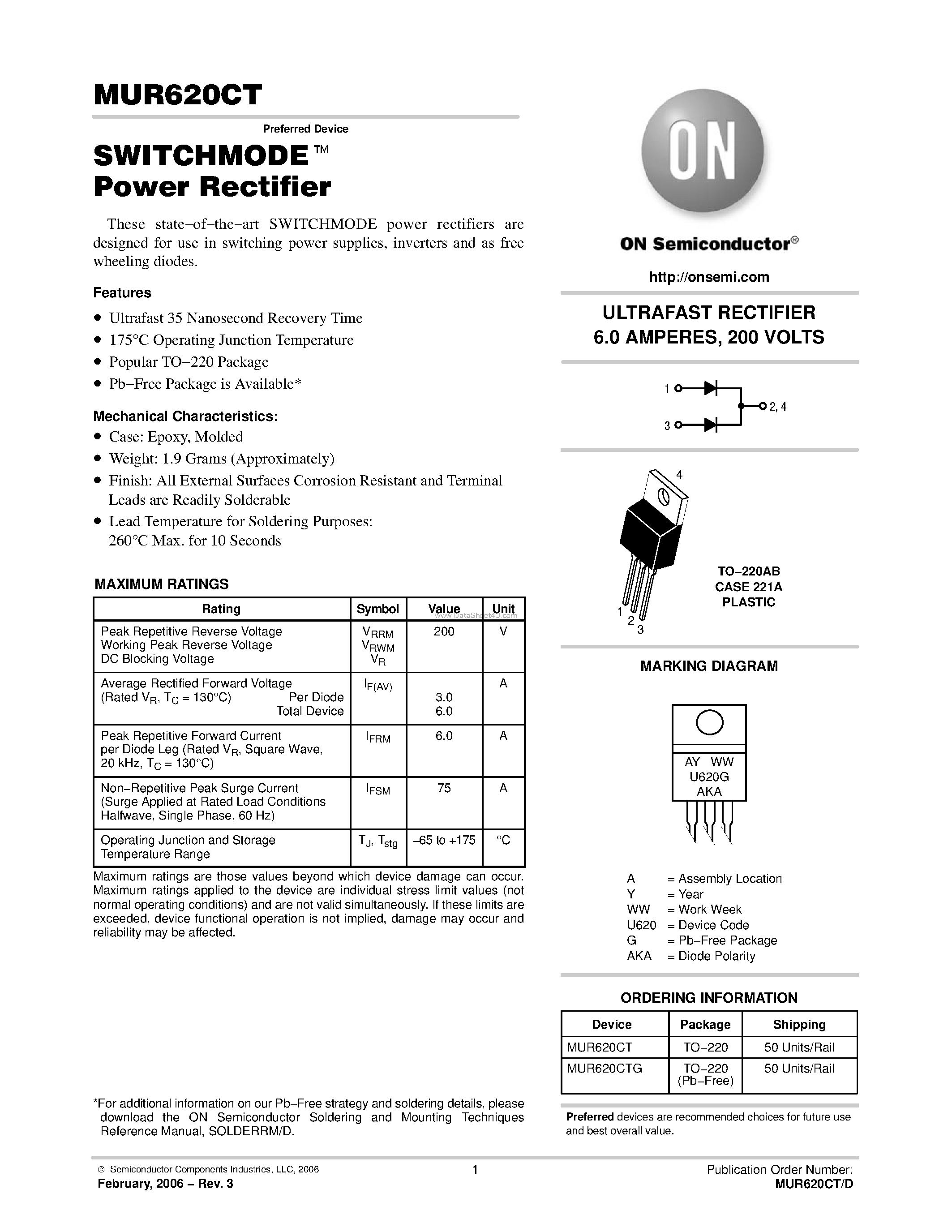 Даташит MUR620CT - ULTRAFAST RECTIFIER страница 1