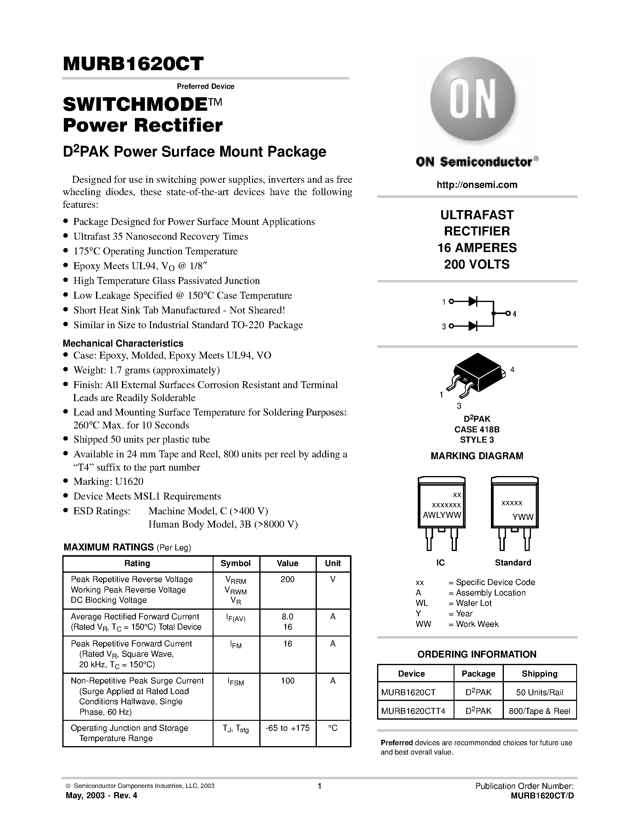 Даташит MURB1620CT - Power Rectifier страница 1