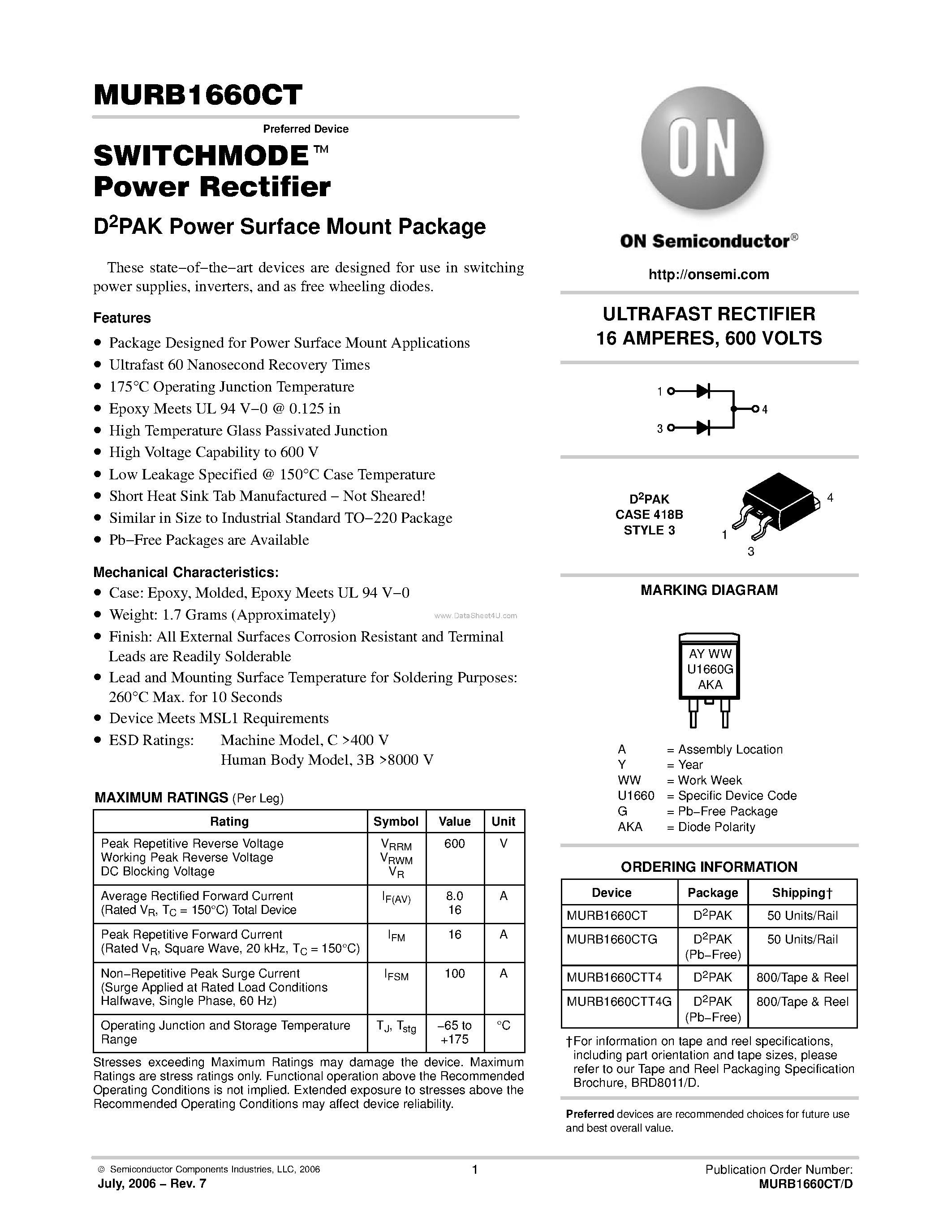 Даташит MURB1660CT - ULTRAFAST RECTIFIER страница 1