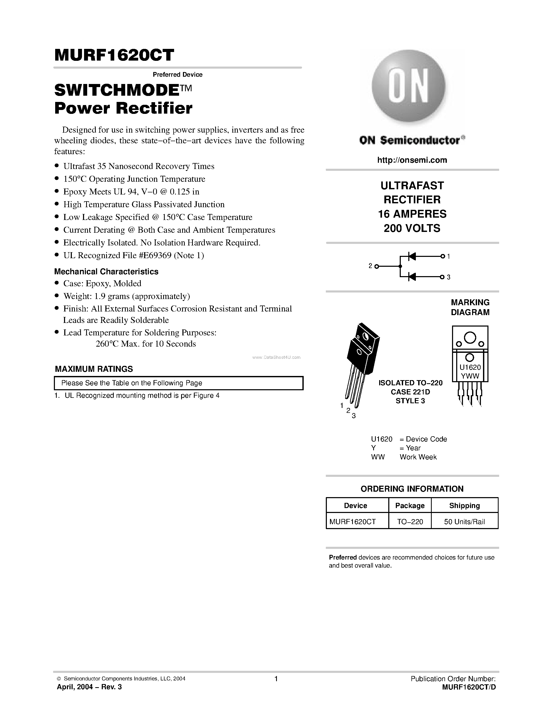 Даташит MURF1620CT - Power Rectifier страница 1