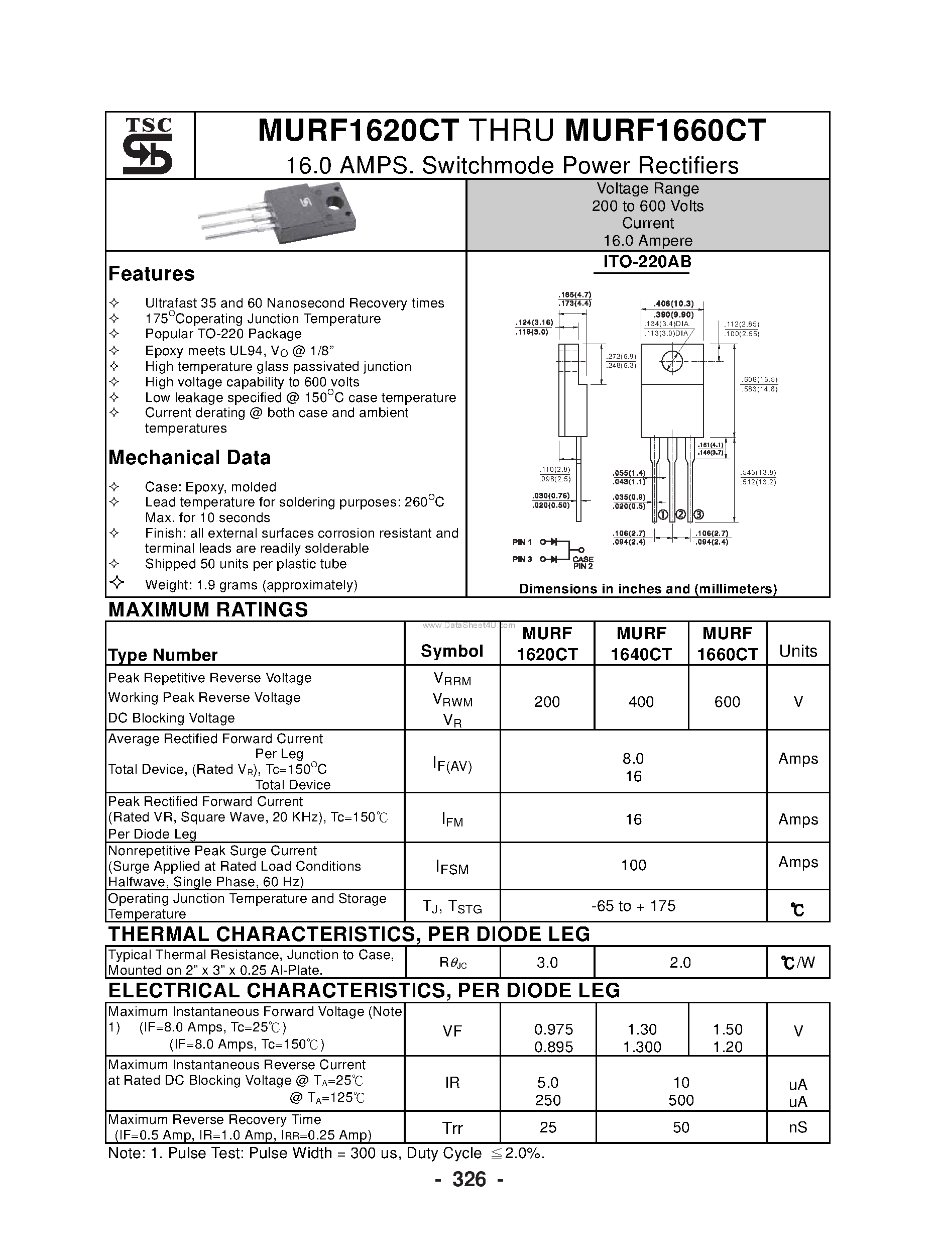 Datasheet MURF1620CT page 1 Datasheet MURF1620CT - (MURF1620CT - MURF1660CT) Switchmode Power Rectifiers page 1