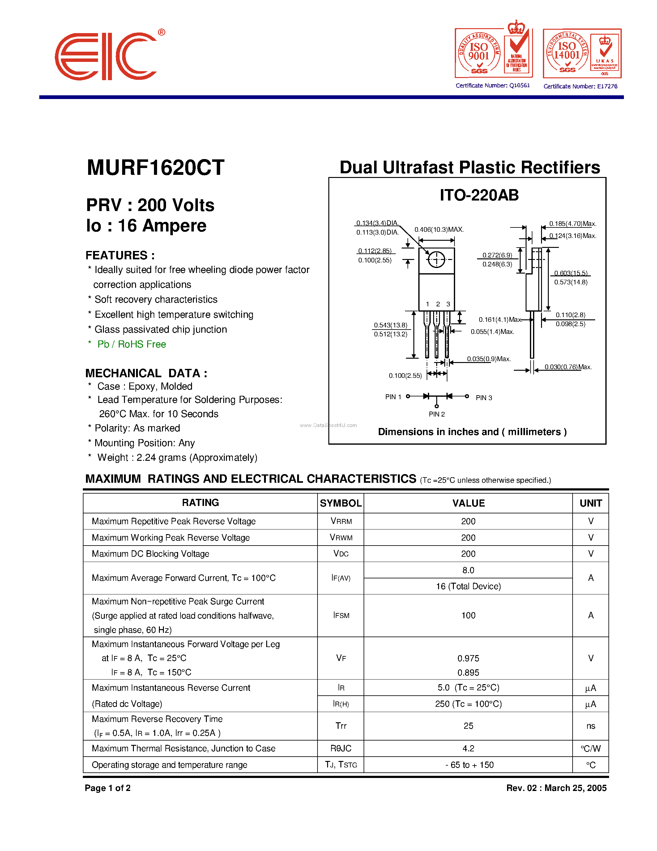 Datasheet MURF1620CT page 1 Datasheet MURF1620CT - Dual Ultrafast Plastic Rectifiers page 1