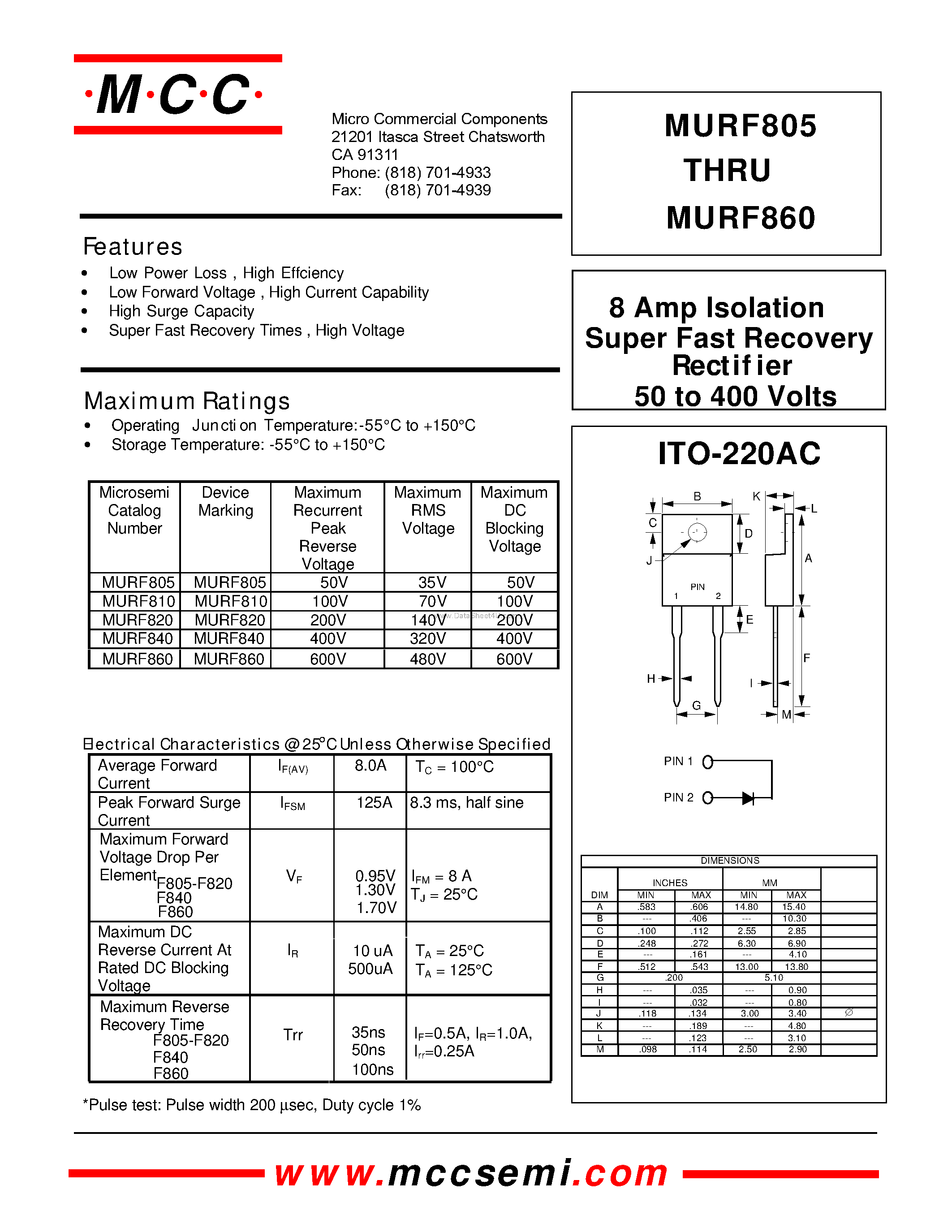 Даташит MURF805 - (MURF805 - MURF860) Isolation Super Fast Recovery Rectifier страница 1