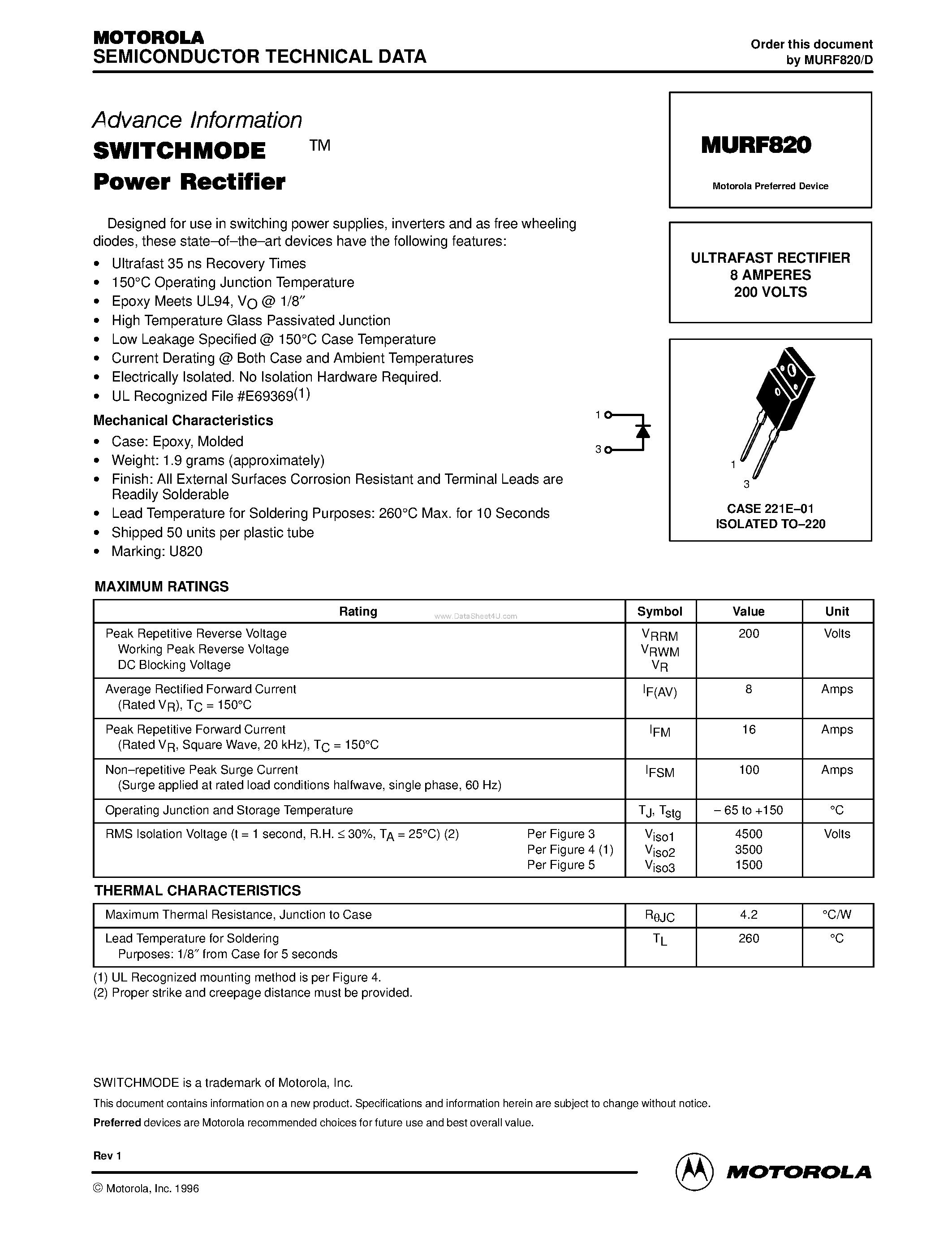 Даташит MURF820 - ULTRAFAST RECTIFIER страница 1