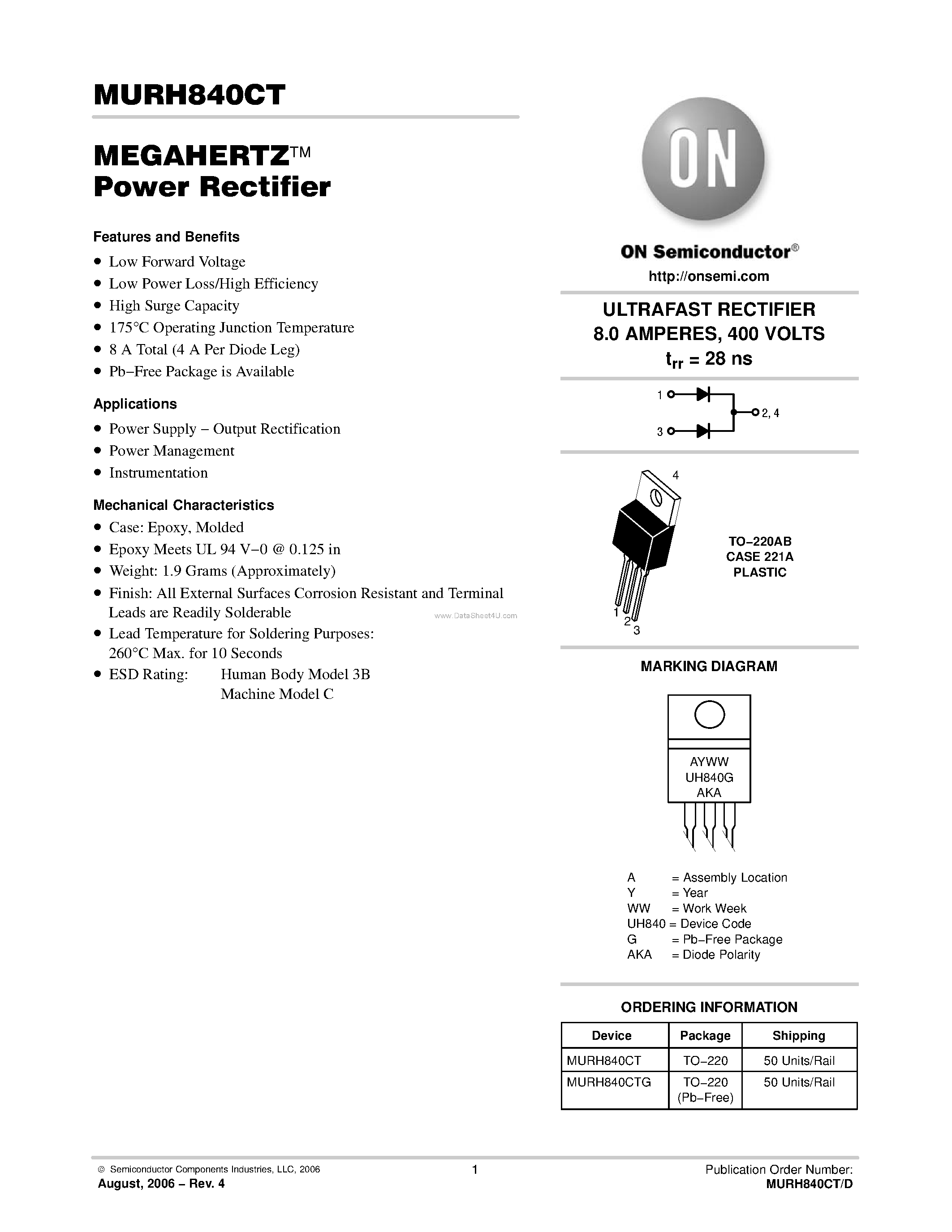 Даташит MURH840CT - ULTRAFAST RECTIFIER страница 1