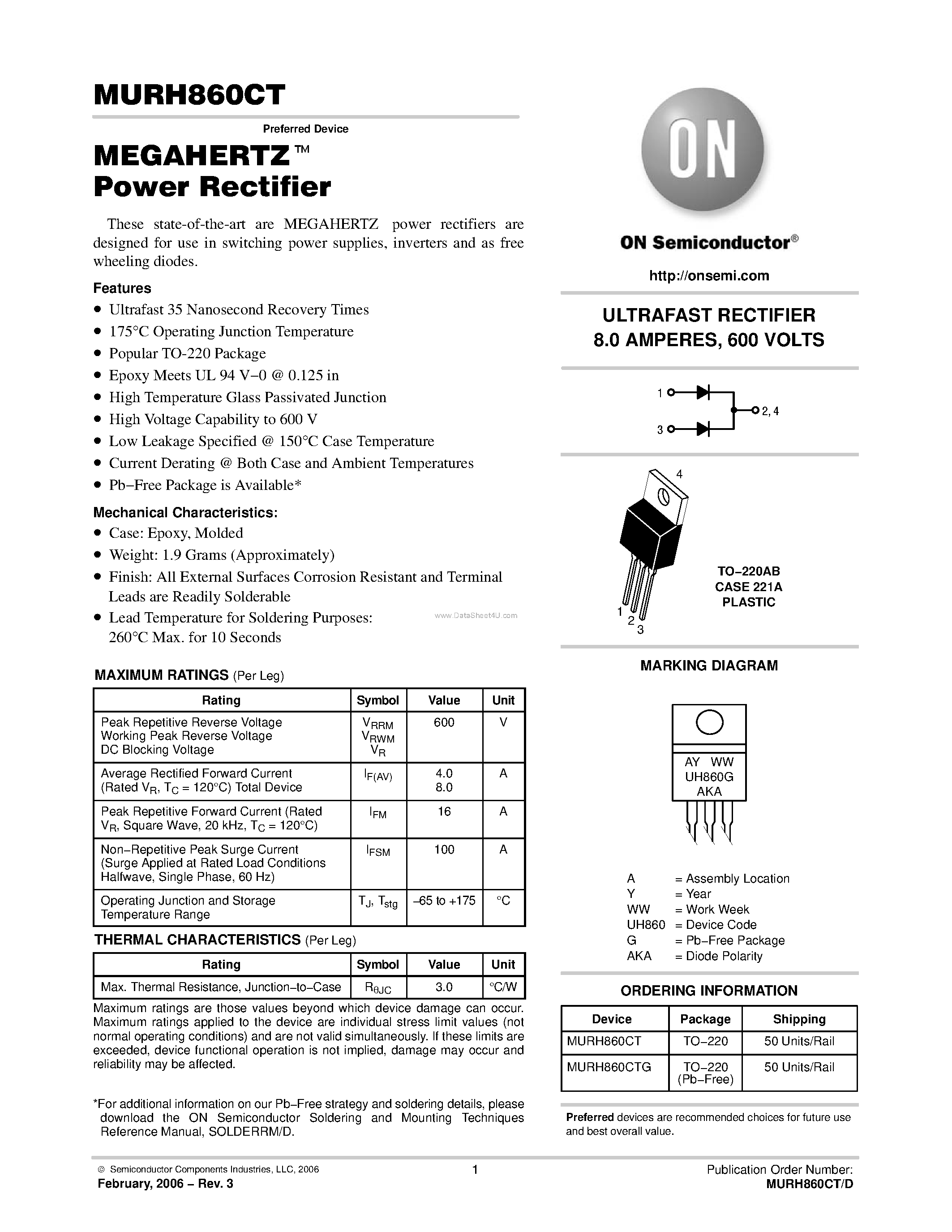 Даташит MURH860CT - ULTRAFAST RECTIFIER страница 1