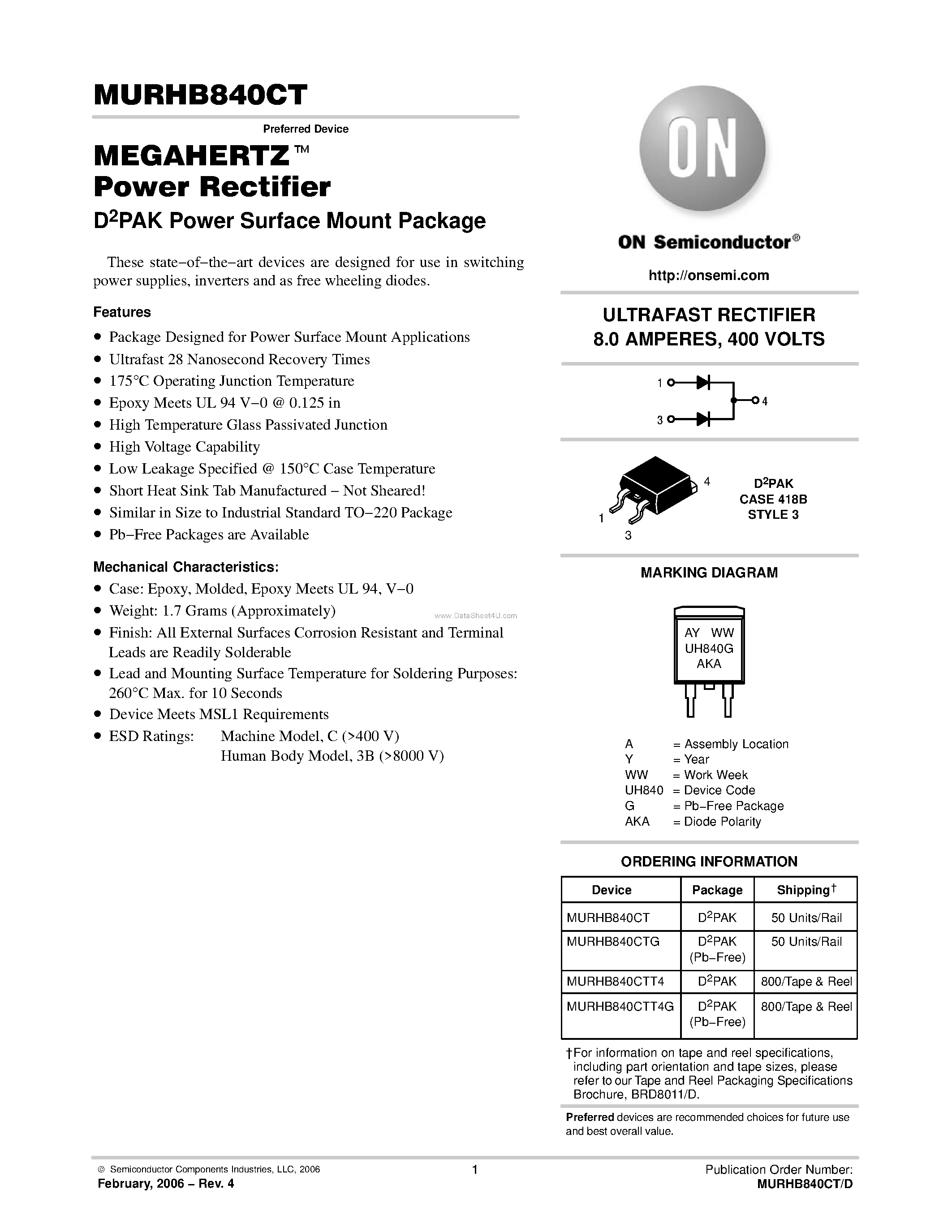 Даташит MURHB840CT - ULTRAFAST RECTIFIER страница 1
