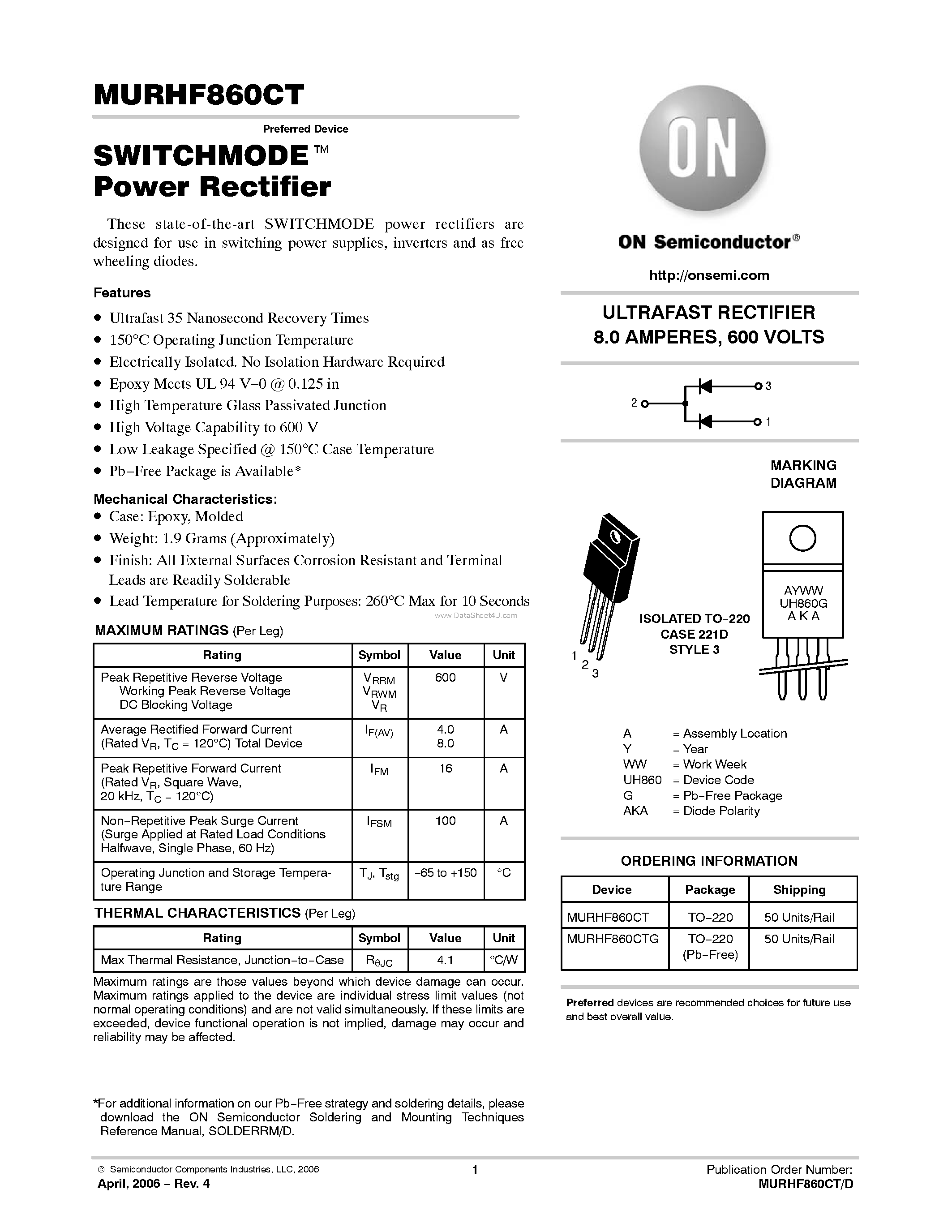 Даташит MURHF860CT - ULTRAFAST RECTIFIER страница 1