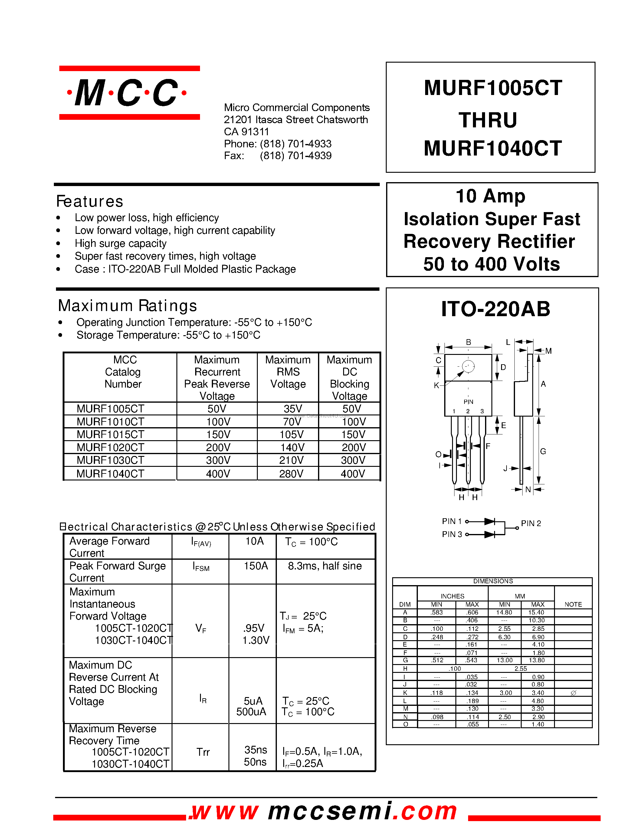 Даташит MURF1005CT - (MURF1005CT - MURF1040CT) Isolation Super Fast Recovery Rectifier страница 1