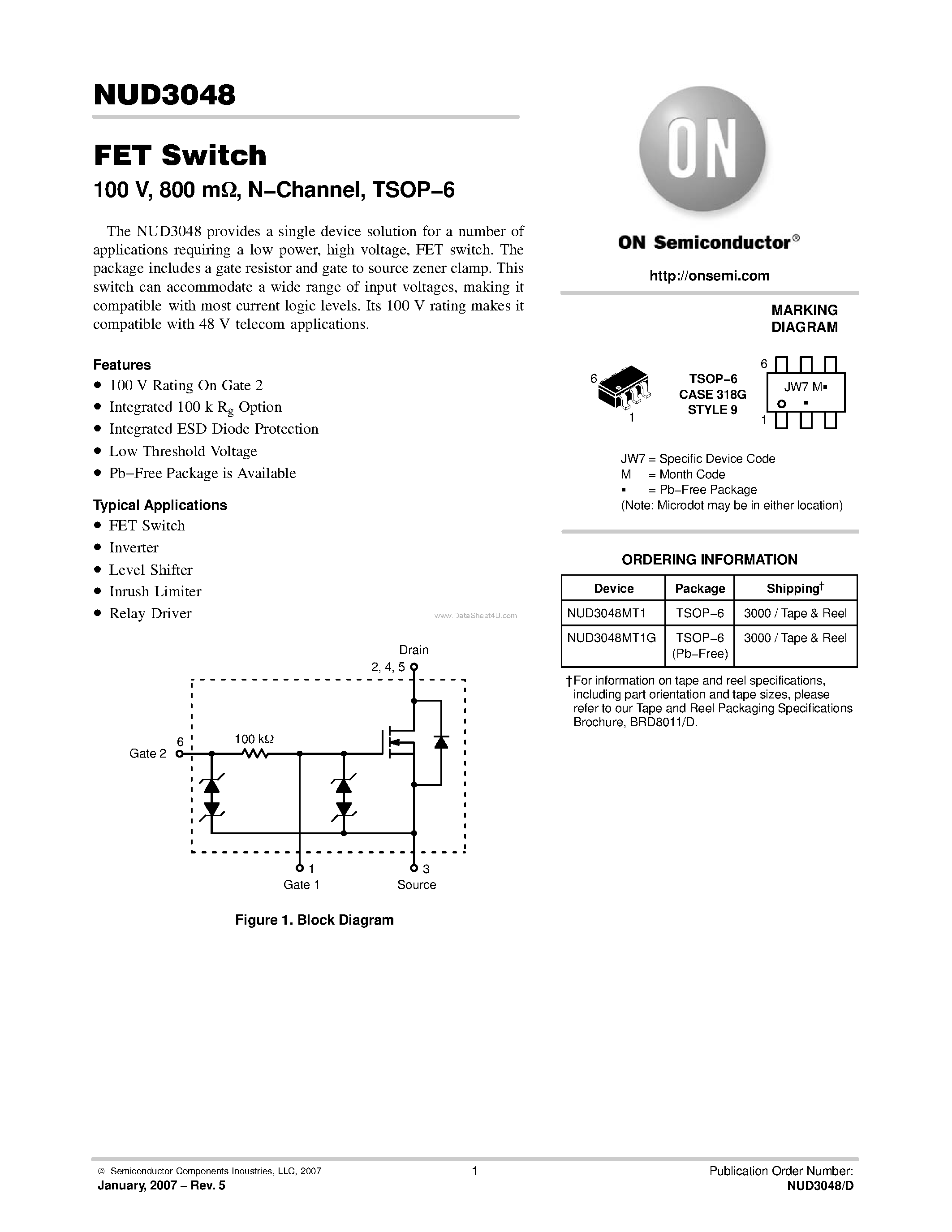 Datasheet NUD3048 page 1 Datasheet NUD3048 - FET Switch page 1