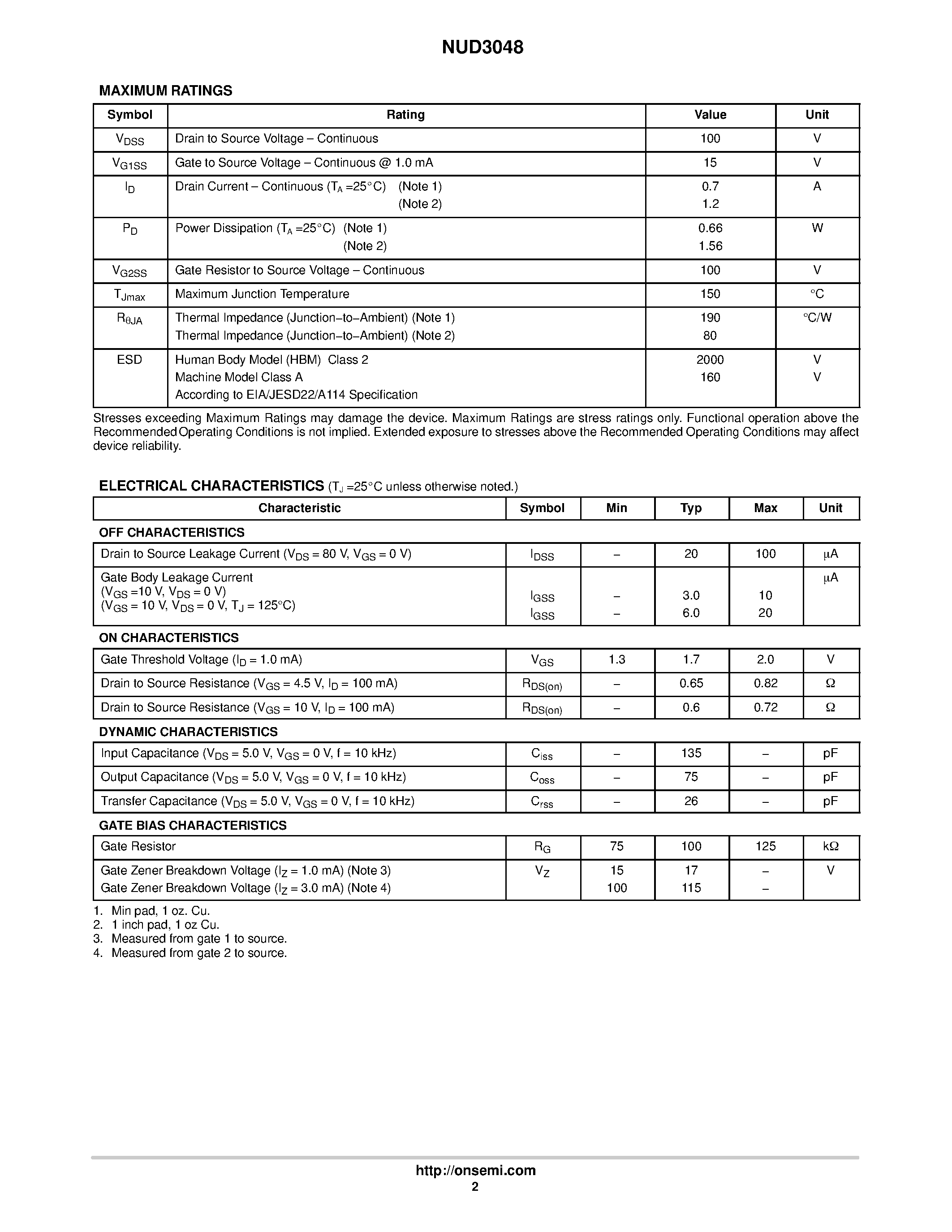 Datasheet NUD3048 page 2 Datasheet NUD3048 - FET Switch page 2