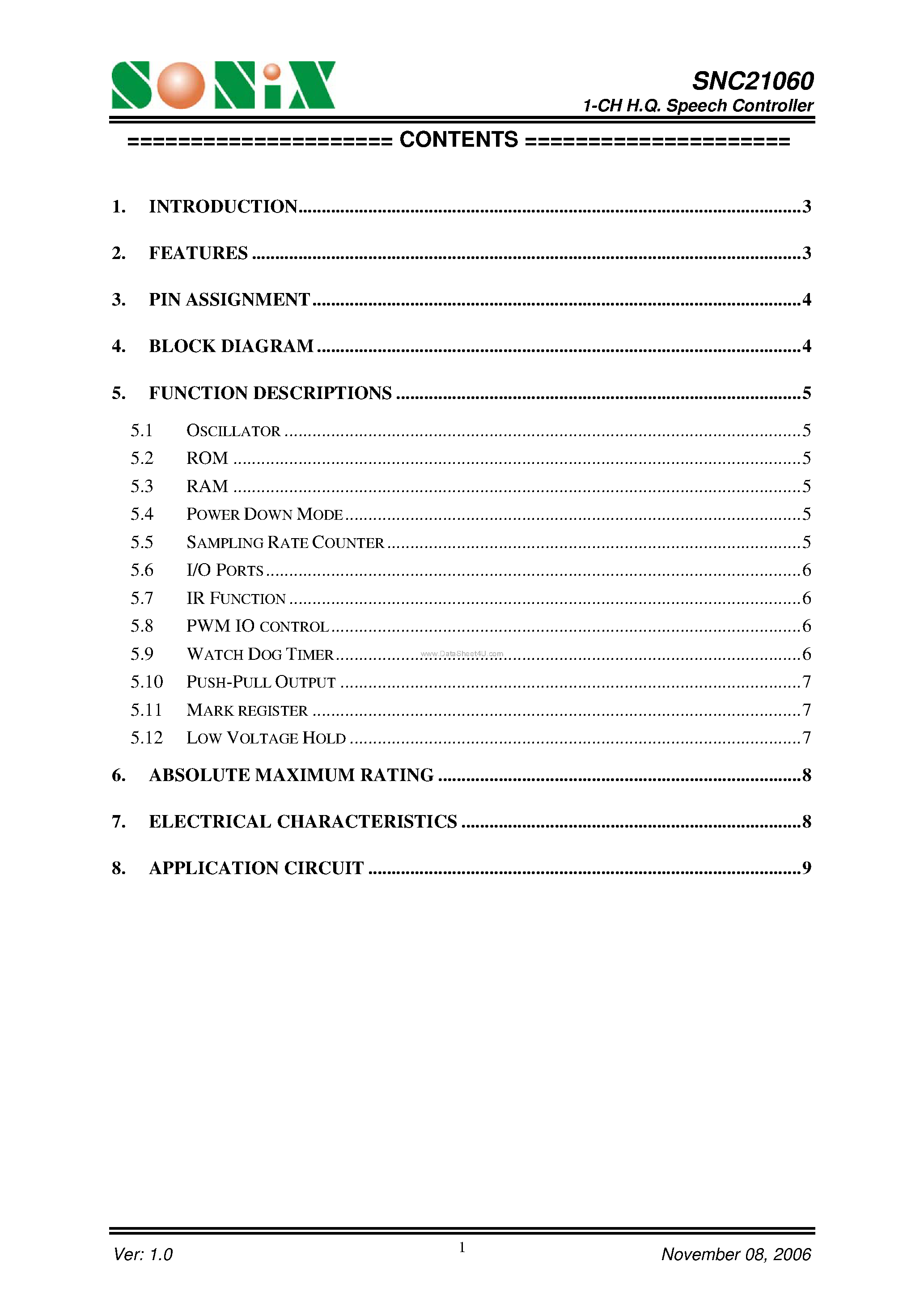 Datasheet SNC21060 page 1 Datasheet SNC21060 - 1-CH H.Q. Speech Controller page 1