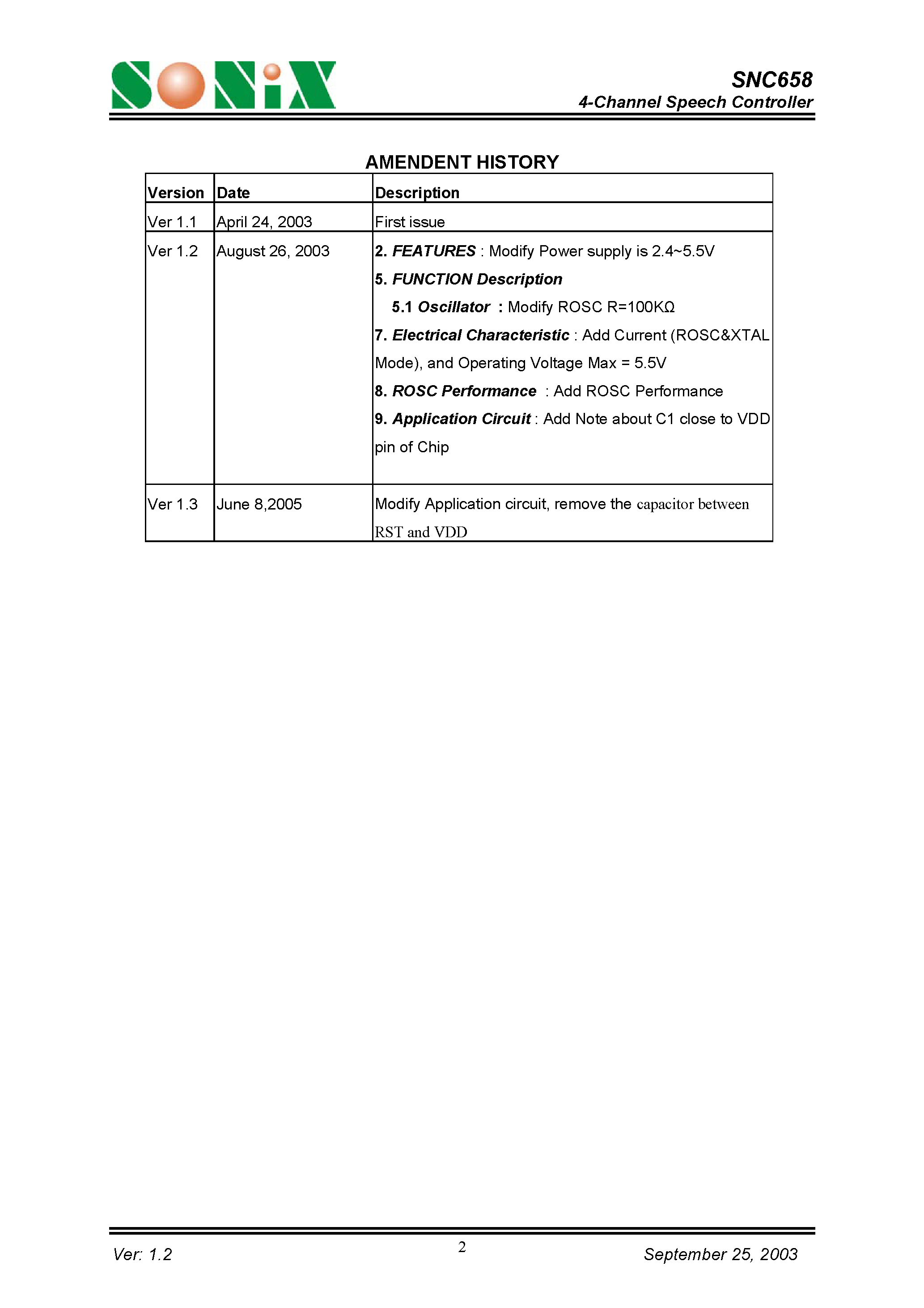 Datasheet SNC658 - 4-Channel Speech Controller page 2