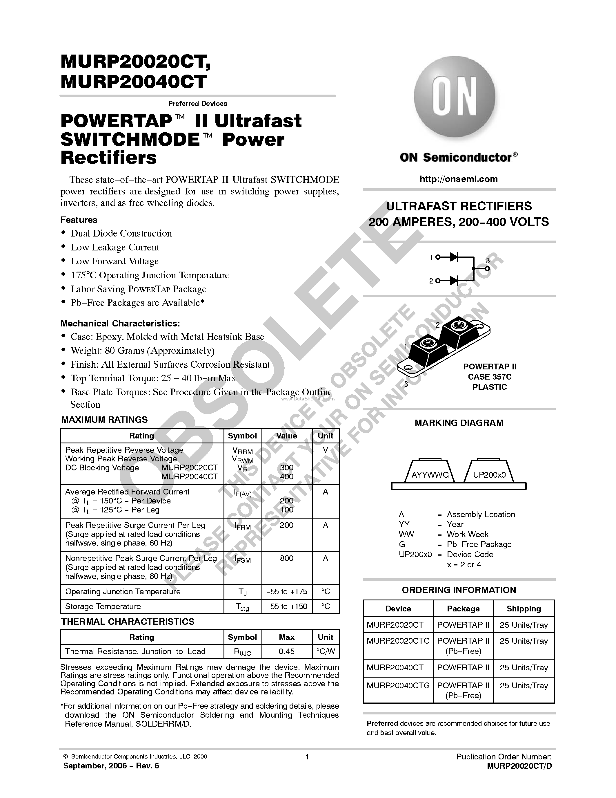 Datasheet MURP20020CT page 1 Datasheet MURP20020CT - (MURP20020CT / MURP20040CT) ULTRAFAST RECTIFIERS page 1
